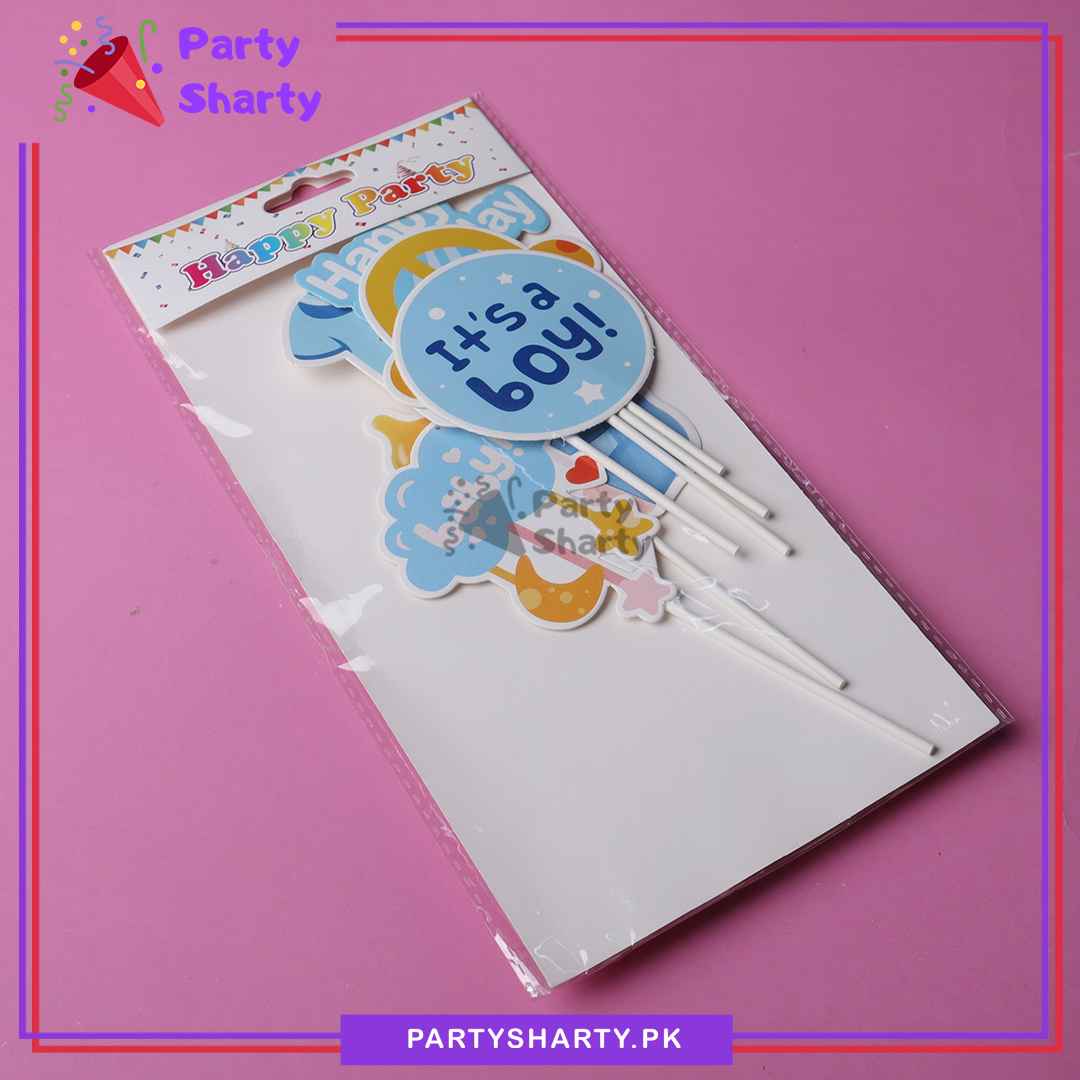 Its a Boy Theme Cake Topper Set of 6 for Welcome Baby, Gender Reveal or Baby Shower Decoration and Celebration