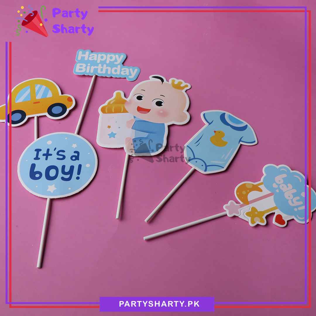Its a Boy Theme Cake Topper Set of 6 for Welcome Baby, Gender Reveal or Baby Shower Decoration and Celebration