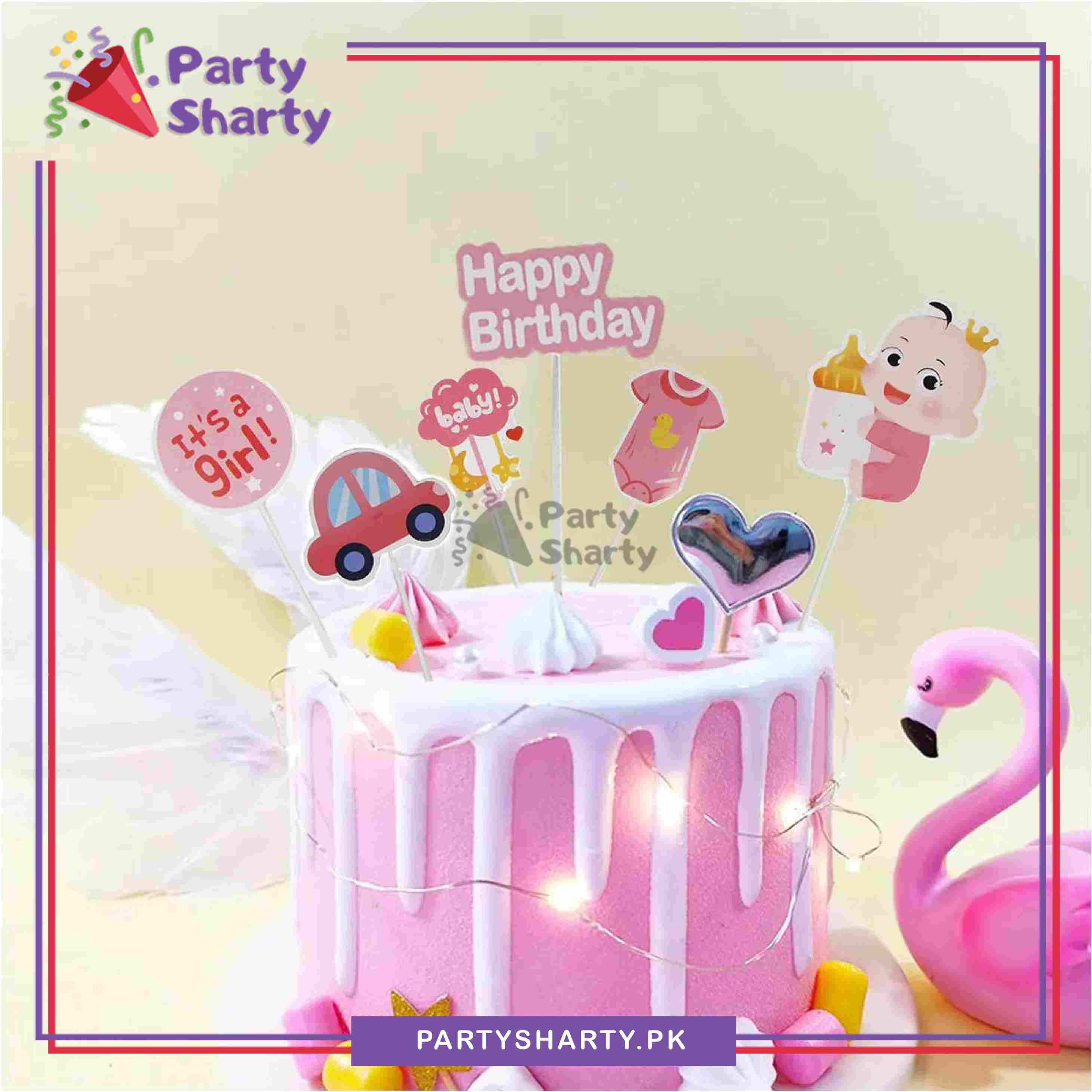 Its a Girl Theme Cake Topper Set of 6 for Welcome Baby, Gender Reveal or Baby Shower Decoration and Celebration