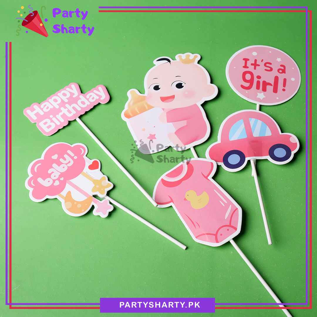 Its a Girl Theme Cake Topper Set of 6 for Welcome Baby, Gender Reveal or Baby Shower Decoration and Celebration