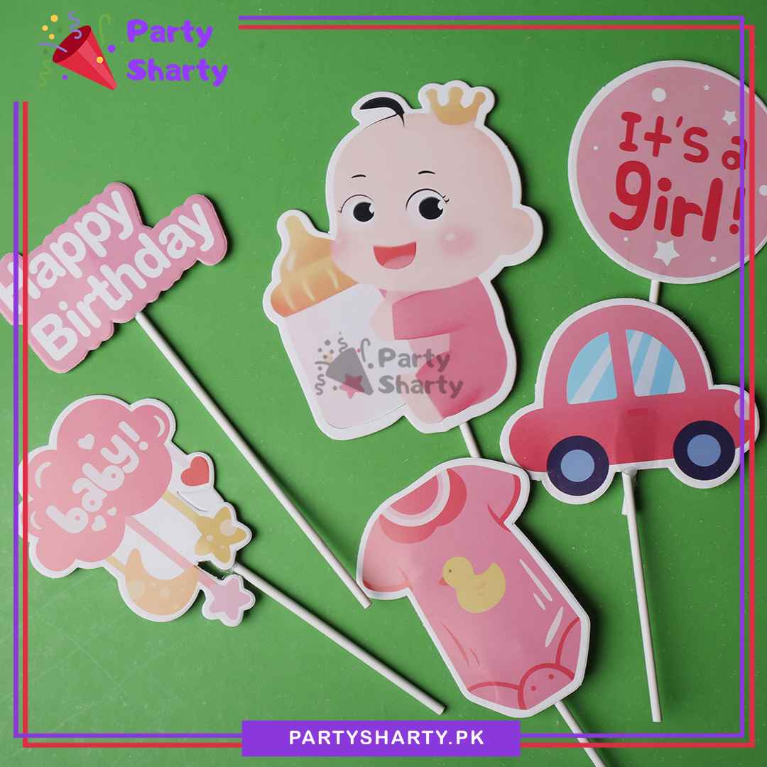 Its a Girl Theme Cake Topper Set of 6 for Welcome Baby, Gender Reveal or Baby Shower Decoration and Celebration