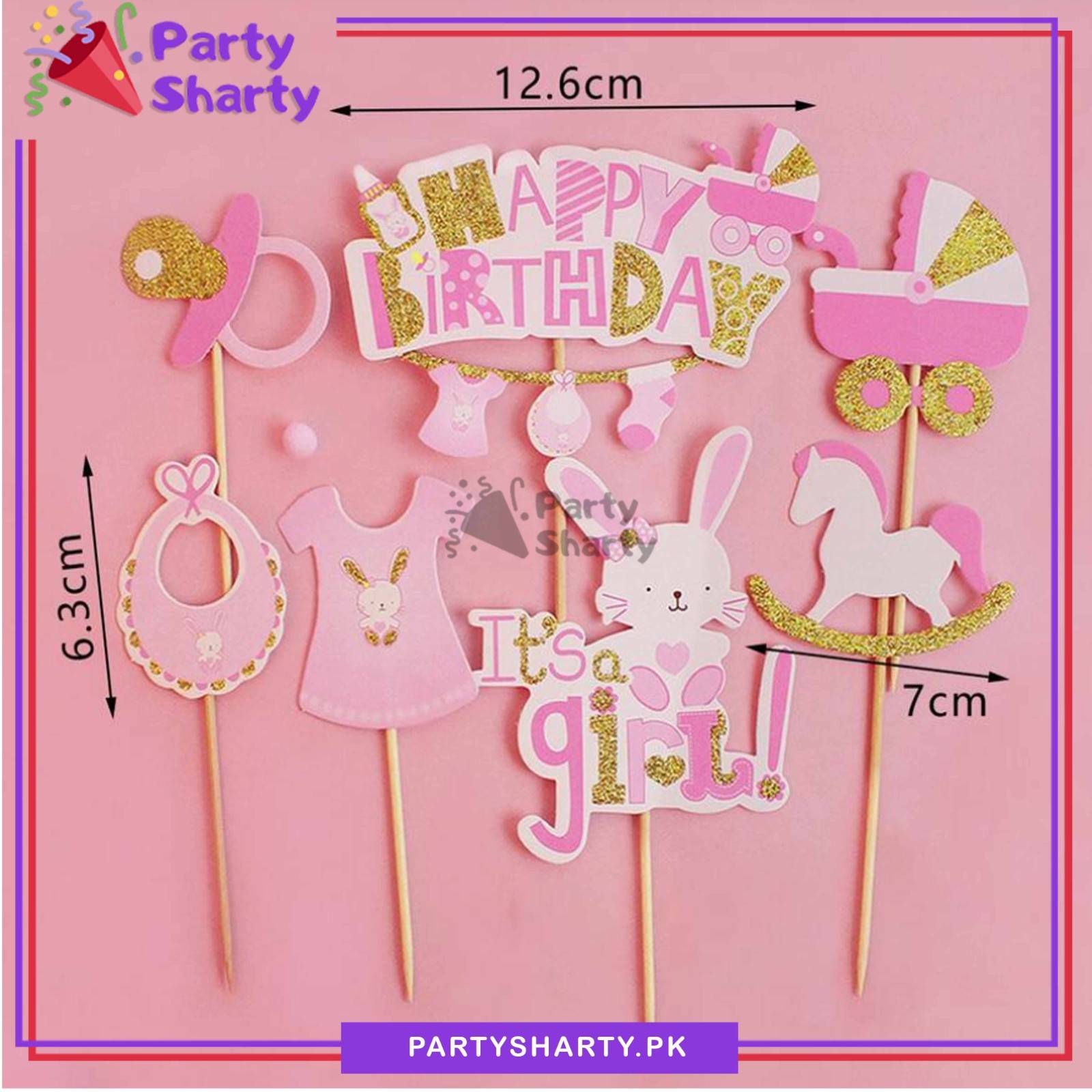 7pcs/Set Its a Girl Theme Cake Toppers for Welcome Baby, Gender Reveal or Baby Shower Decoration and Celebration
