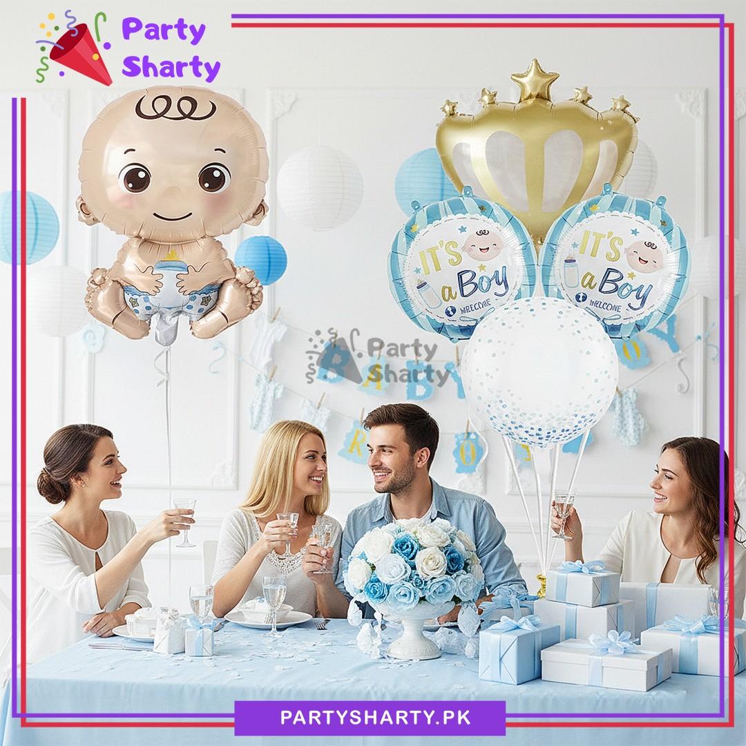 5pcs Stylish Baby with Golden Crown & Its a Boy Round Shaped Foil Balloon For Welcome Baby Decoration