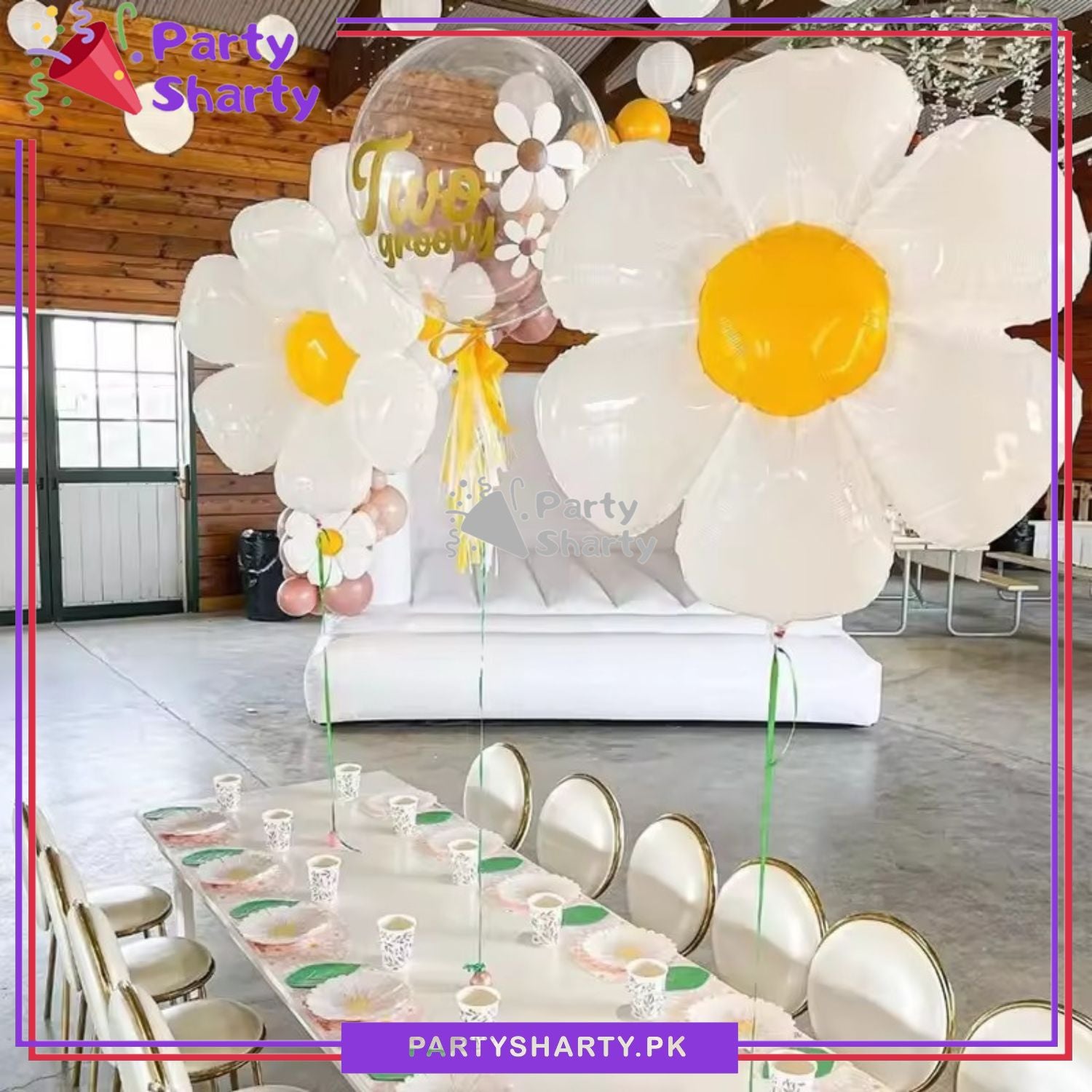Jumbo Size White Daisy Flower Foil Balloon For Theme Based Birthday Party Decoration And Celebration