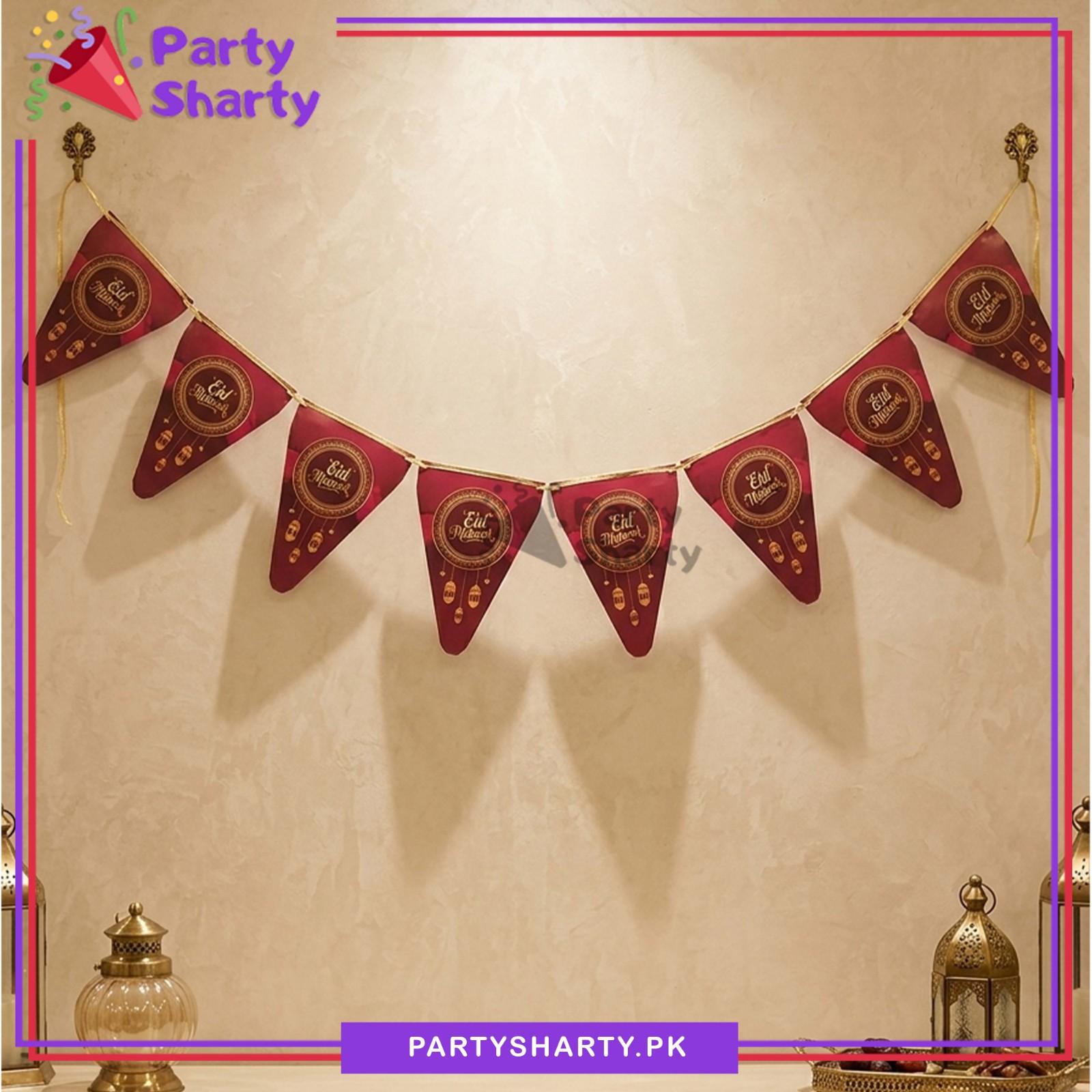 Lantern Printed Maroon Eid Mubarak Party Flags Pack of 10 For Eid Milan Party Theme Decoration
