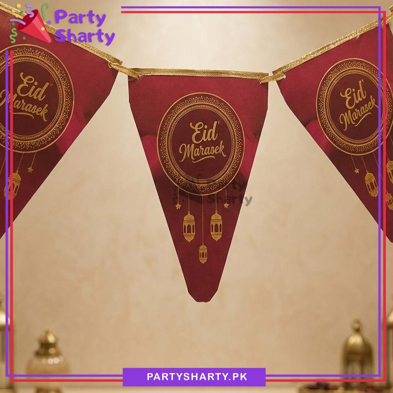 Lantern Printed Maroon Eid Mubarak Party Flags Pack of 10 For Eid Milan Party Theme Decoration