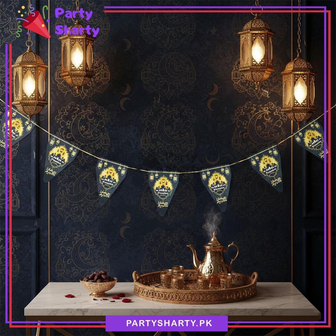 Lantern & Mosque Printed Black Color Ramadan Kareem Flags Pack of 10 For Ramadan Decoration