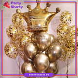 Large Golden Crown Shaped Foil Balloon with Chrome and Confetti Filled Balloons For Royal Theme Birthday Party Decoration