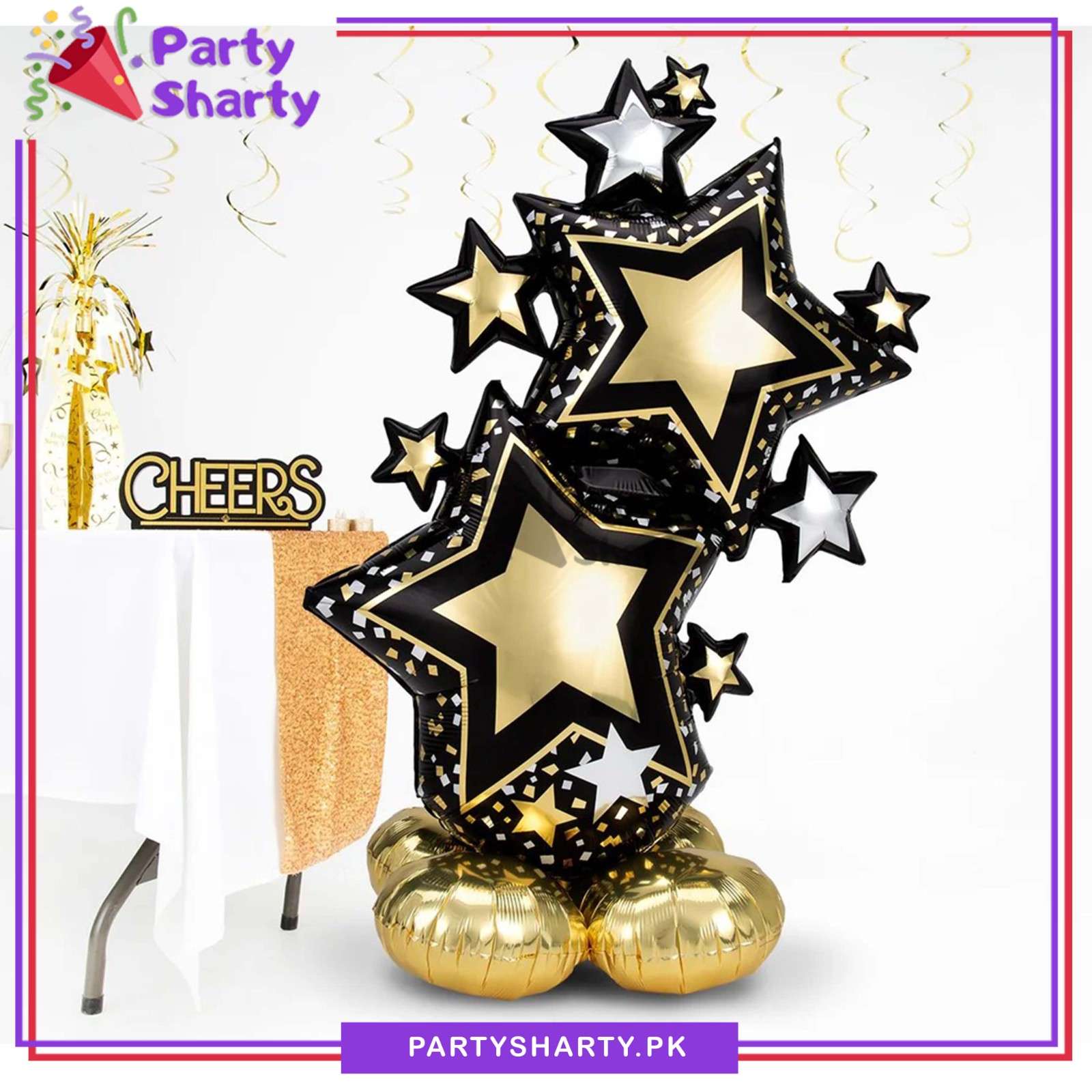 Large 3D Golden & Black Star Cluster Standee Foil Balloon For Party and Event Decoration