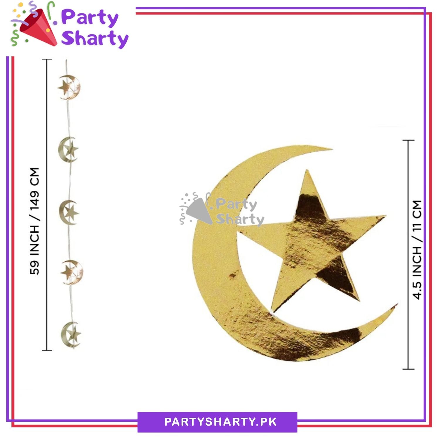 Large Golden Crescent Moon with Star Party Bunting for Ramadan, Iftar Party & Eid Decoration And Celebration