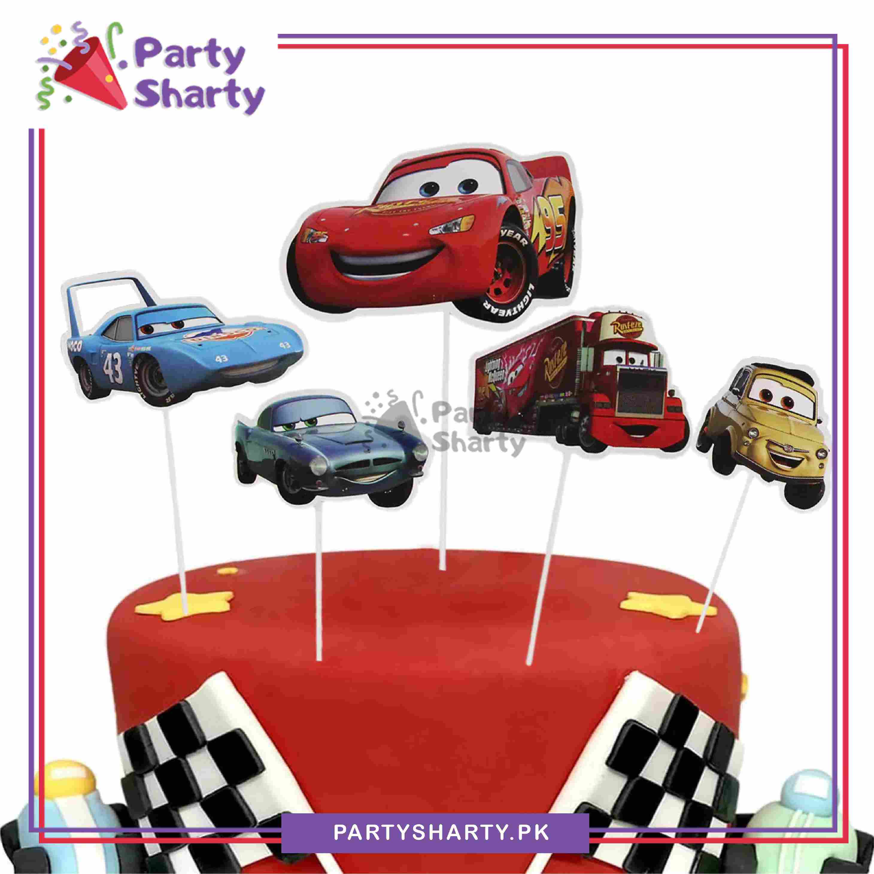 Lightning McQueen Car Theme Cake Topper Set of 6 for Car Theme Birthday Decoration and Celebration