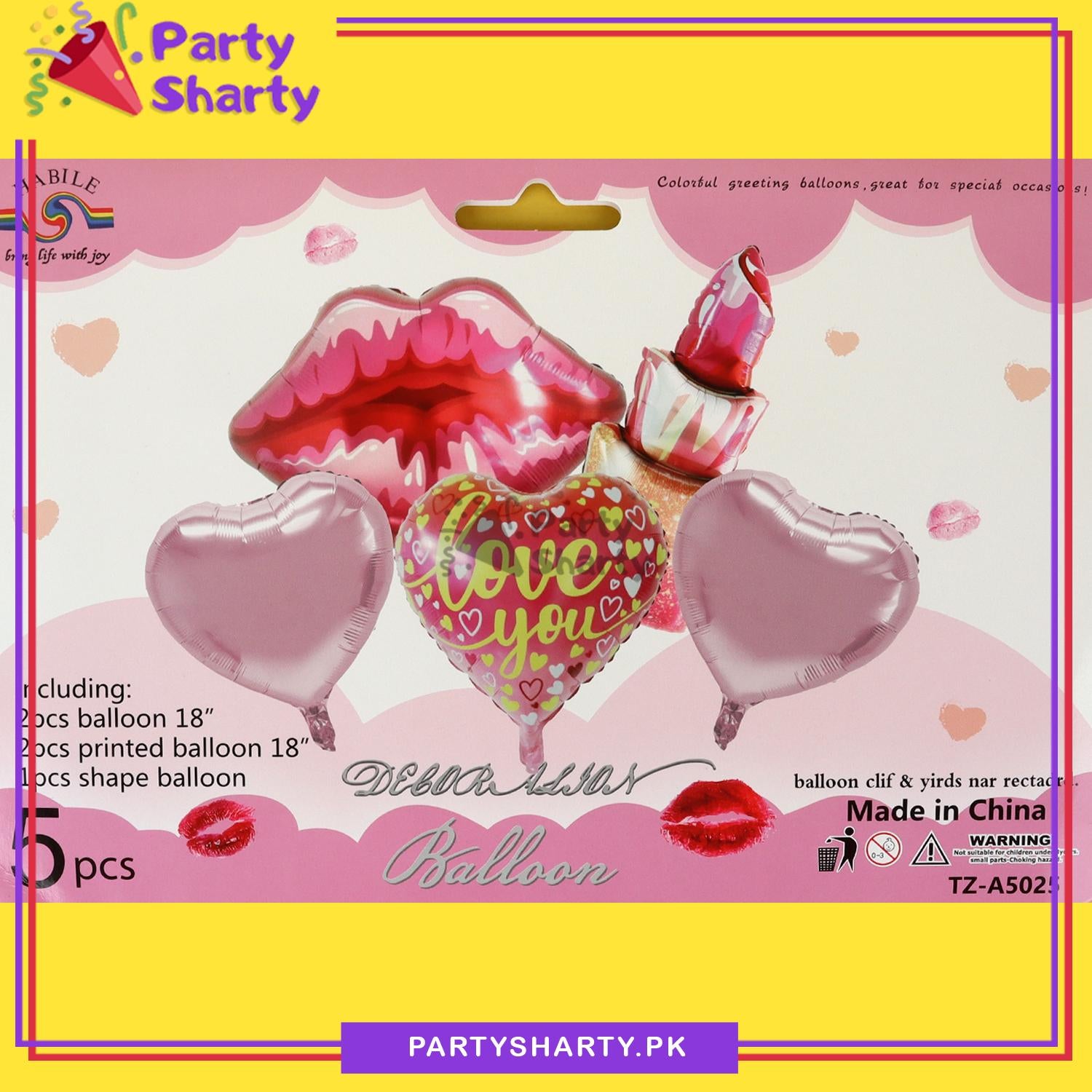 Lips, Lipstick Shaped with 3 Heart Foil Balloons Foil Balloons for Birthday Valentines Wedding Bridal Shower Themed Party Balloons