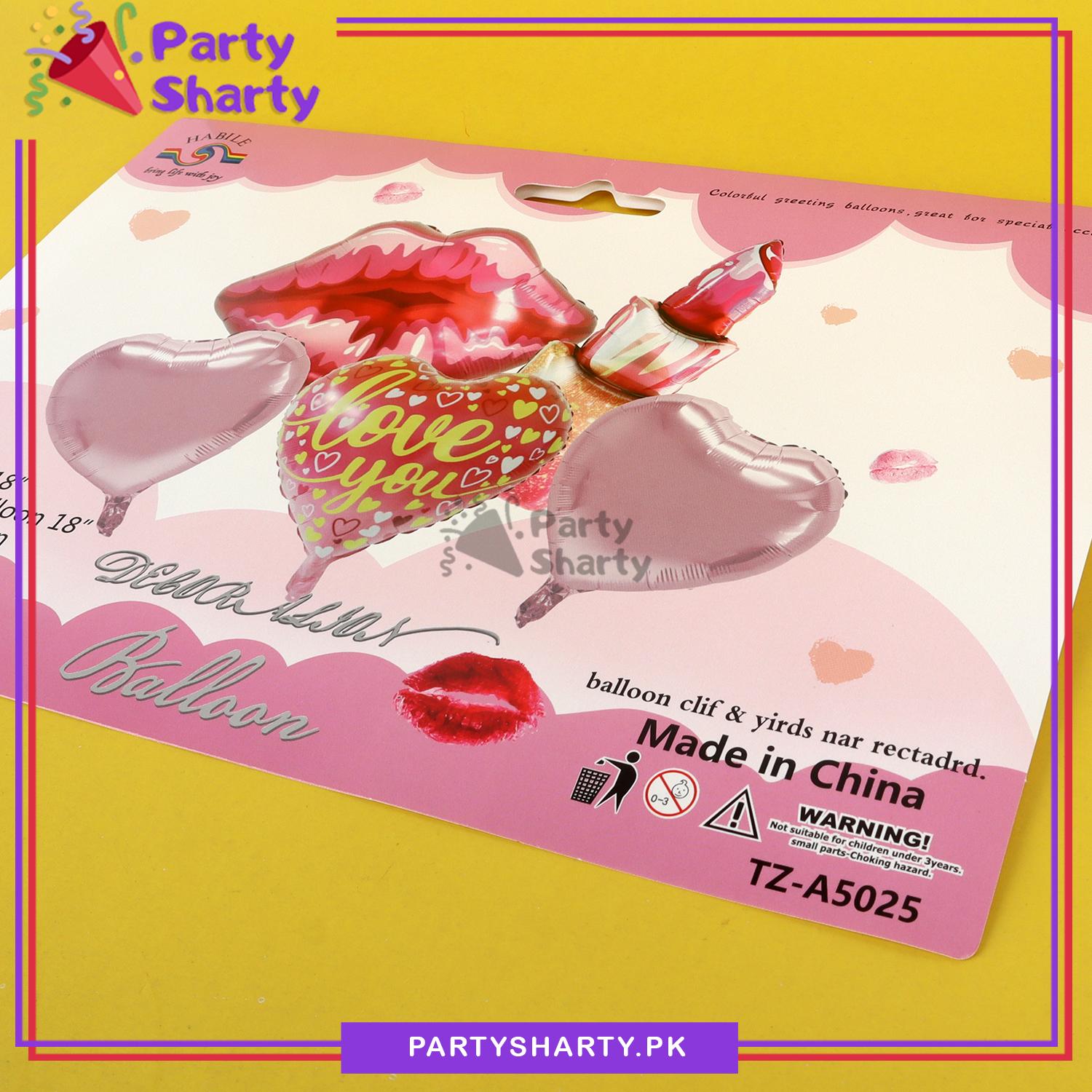 Lips, Lipstick Shaped with 3 Heart Foil Balloons Foil Balloons for Birthday Valentines Wedding Bridal Shower Themed Party Balloons