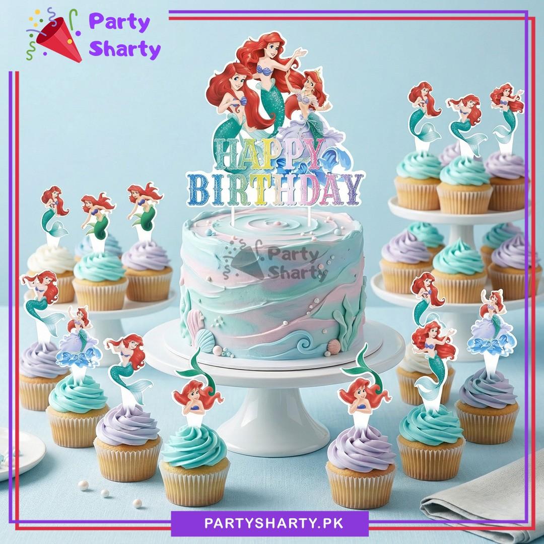 26pcs Mermaid Ariel Cake & Cup Cake Toppers set for Mermaid Theme Birthday Decoration & Celebration