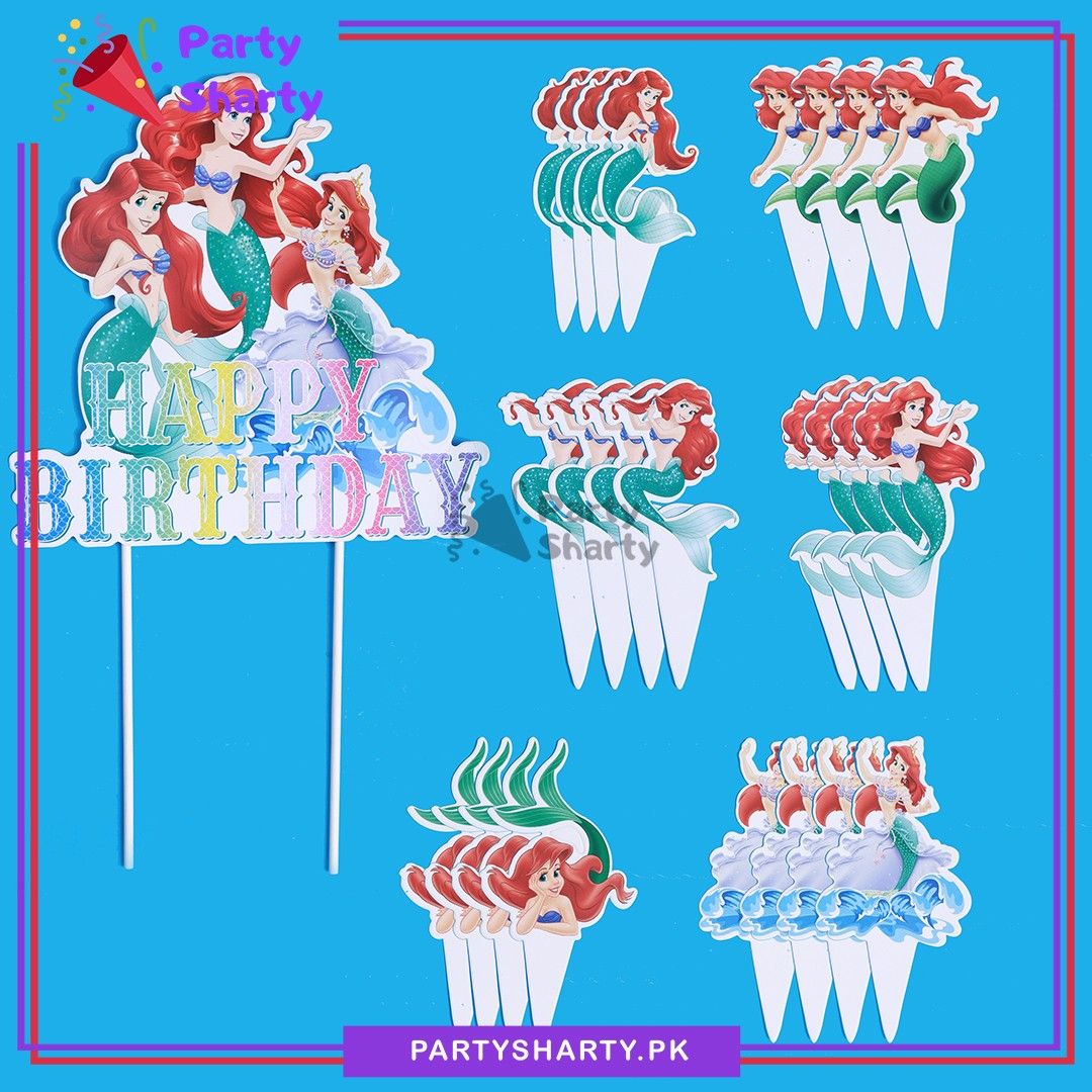 26pcs Mermaid Ariel Cake & Cup Cake Toppers set for Mermaid Theme Birthday Decoration & Celebration