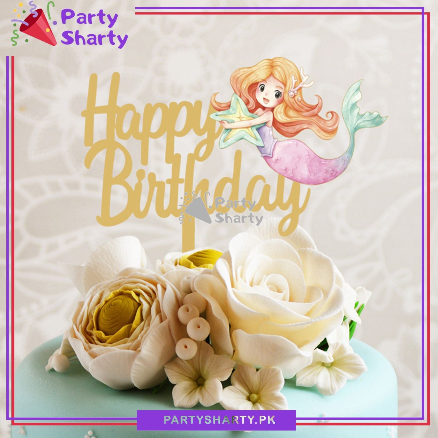 Little Mermaid Theme Acrylic Cake Topper For Birthday Party Celebration and Decoration