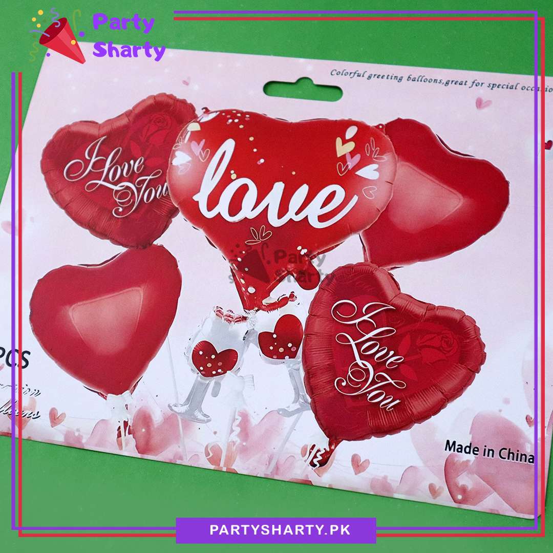 Love Printed Heart with Glasses Foil Balloons Set of 5 For Valentine, Anniversary & Wedding Theme Decorations