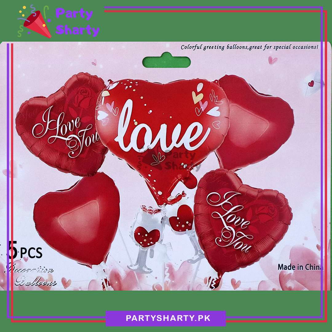 Love Printed Heart with Glasses Foil Balloons Set of 5 For Valentine, Anniversary & Wedding Theme Decorations