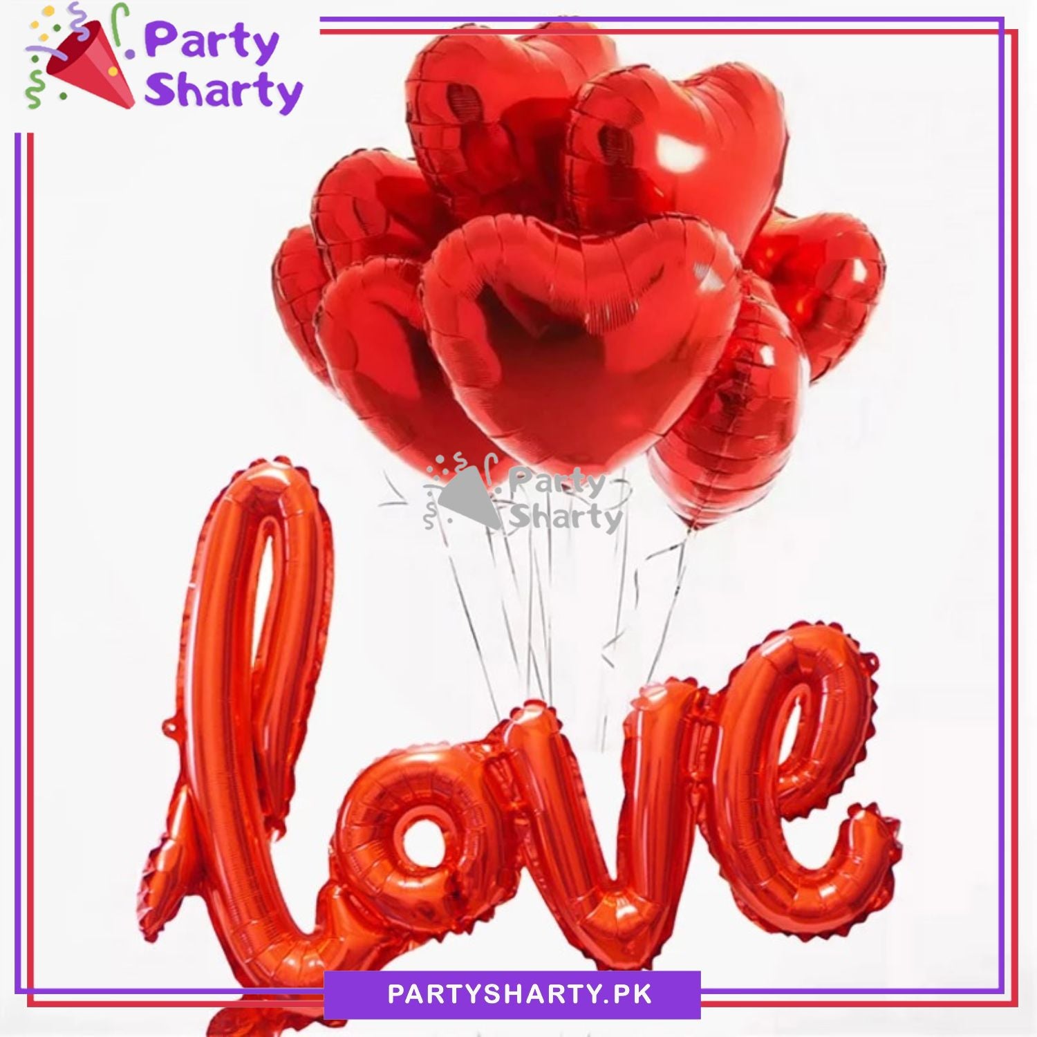 Love Scripted Foil Banner with 5 Heart Shaped Foil Balloons For Birthday, Wedding, Anniversary & Valentine Party Decoration
