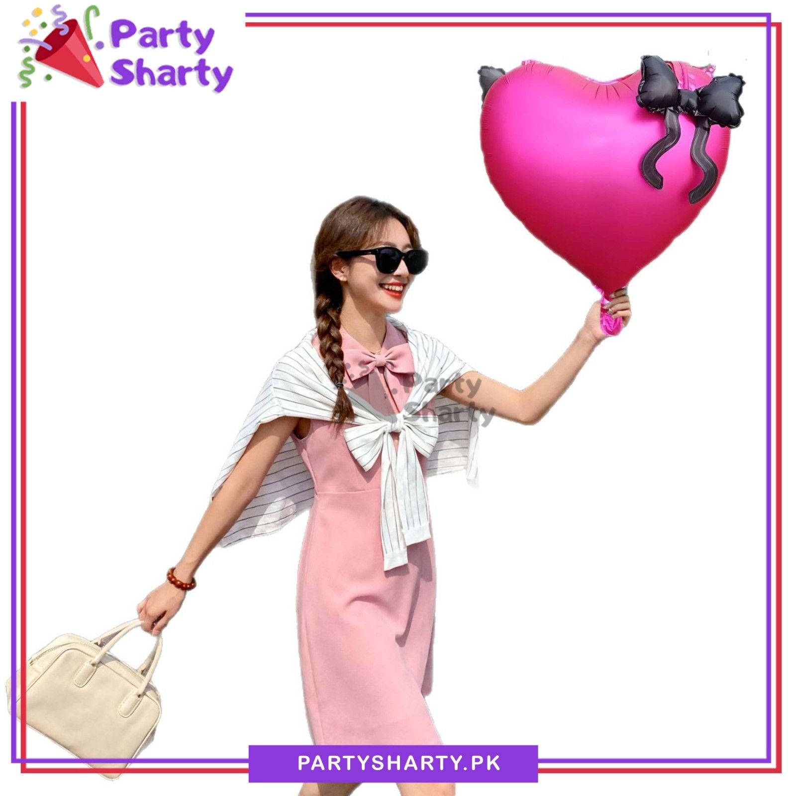 Hot Pink Heart Shaped With Mini Bows Foil Balloon For Anniversary, Valentine Theme Party Decoration & Celebration