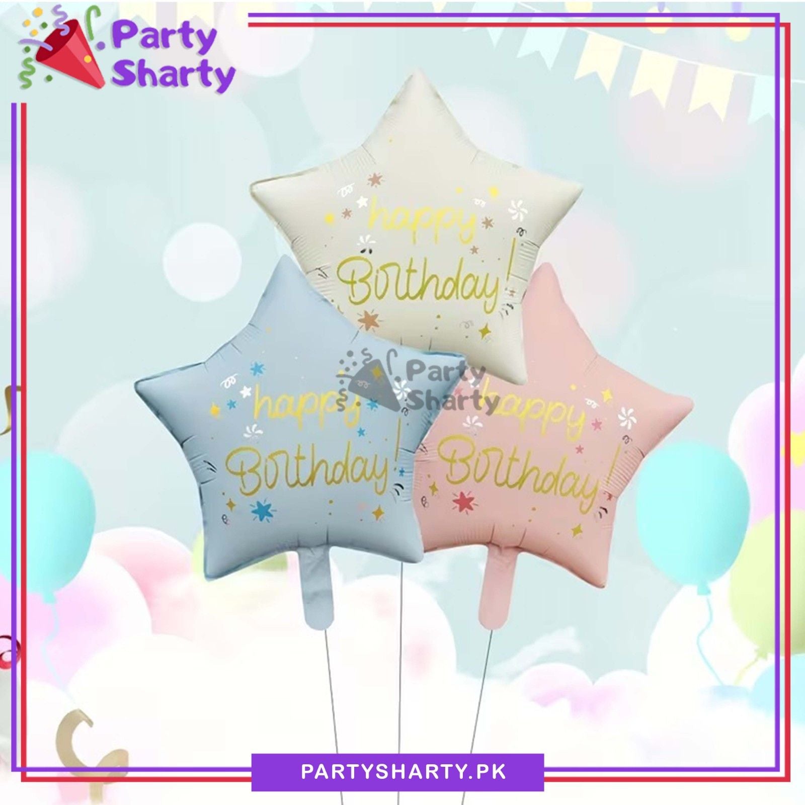 Matte Pastel Color Happy Birthday Printed Star Shaped Foil Balloons For Birthday Party Decoration & Celebration