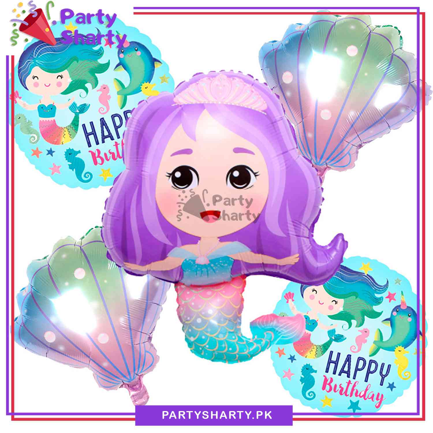 Mermaid Cartoon Foil Balloon Set - 5 Pieces For Mermaid Theme Party and Decoration