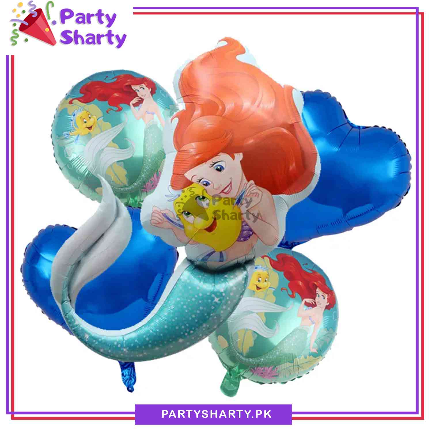 Mermaid Theme Cartoon Character Foil Balloon Set - 5 Pieces