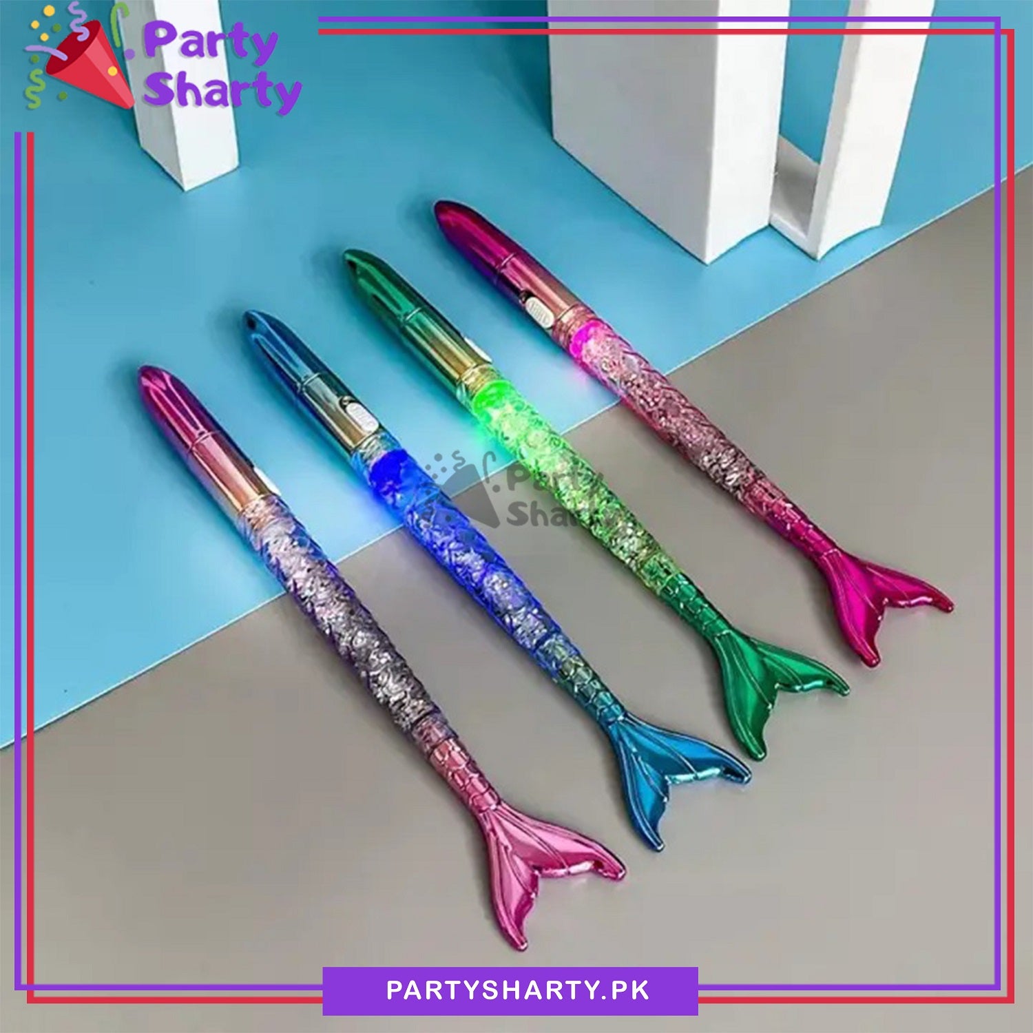 LED Mermaid Themed Gel Pens Filled with Water and Glitter For Kids / Stationery Sets / Birthday Return Gift Items