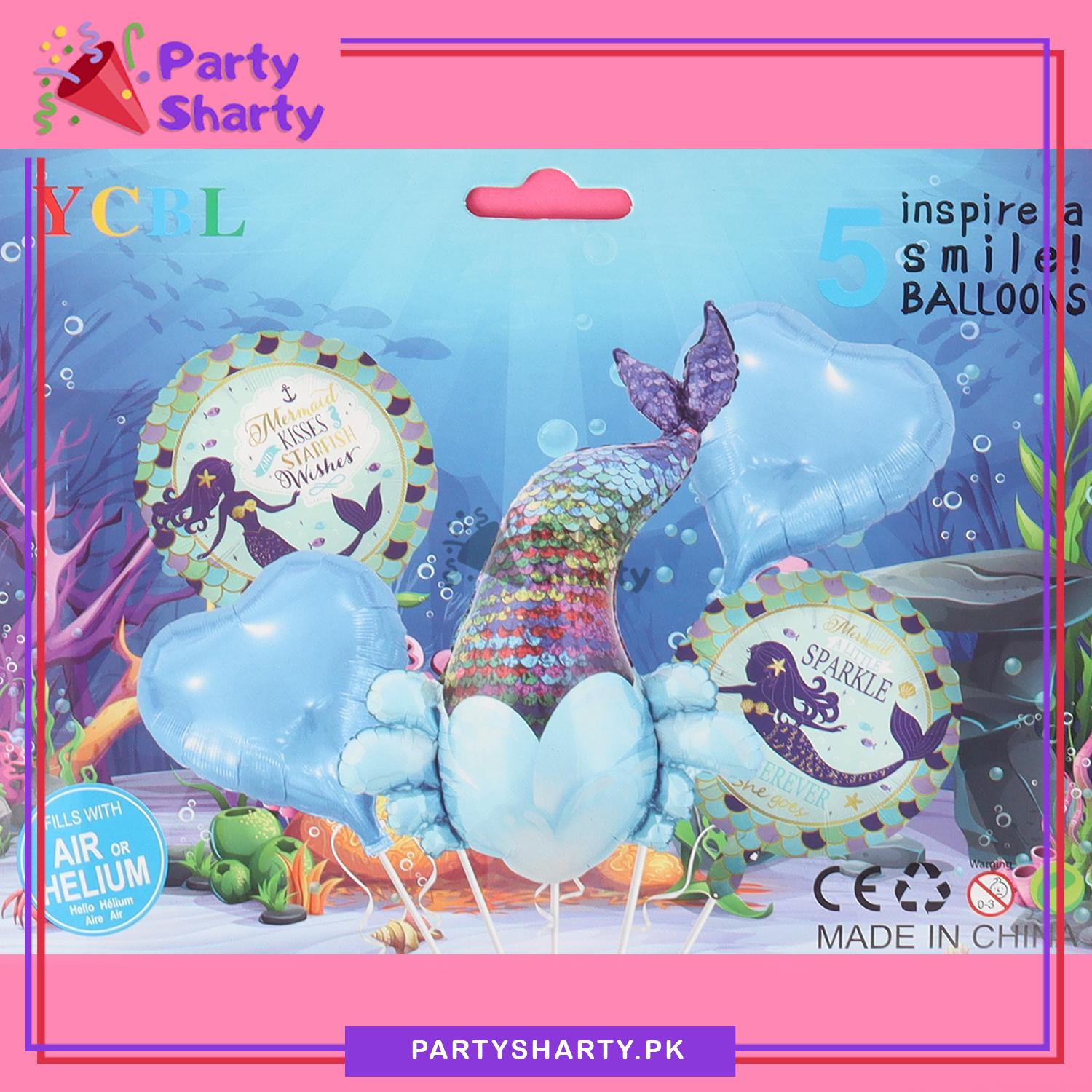 Mermaid Sequin Tail Foil Balloon Set - 5 Pieces For Mermaid & Under the Sea Theme Party and Decoration