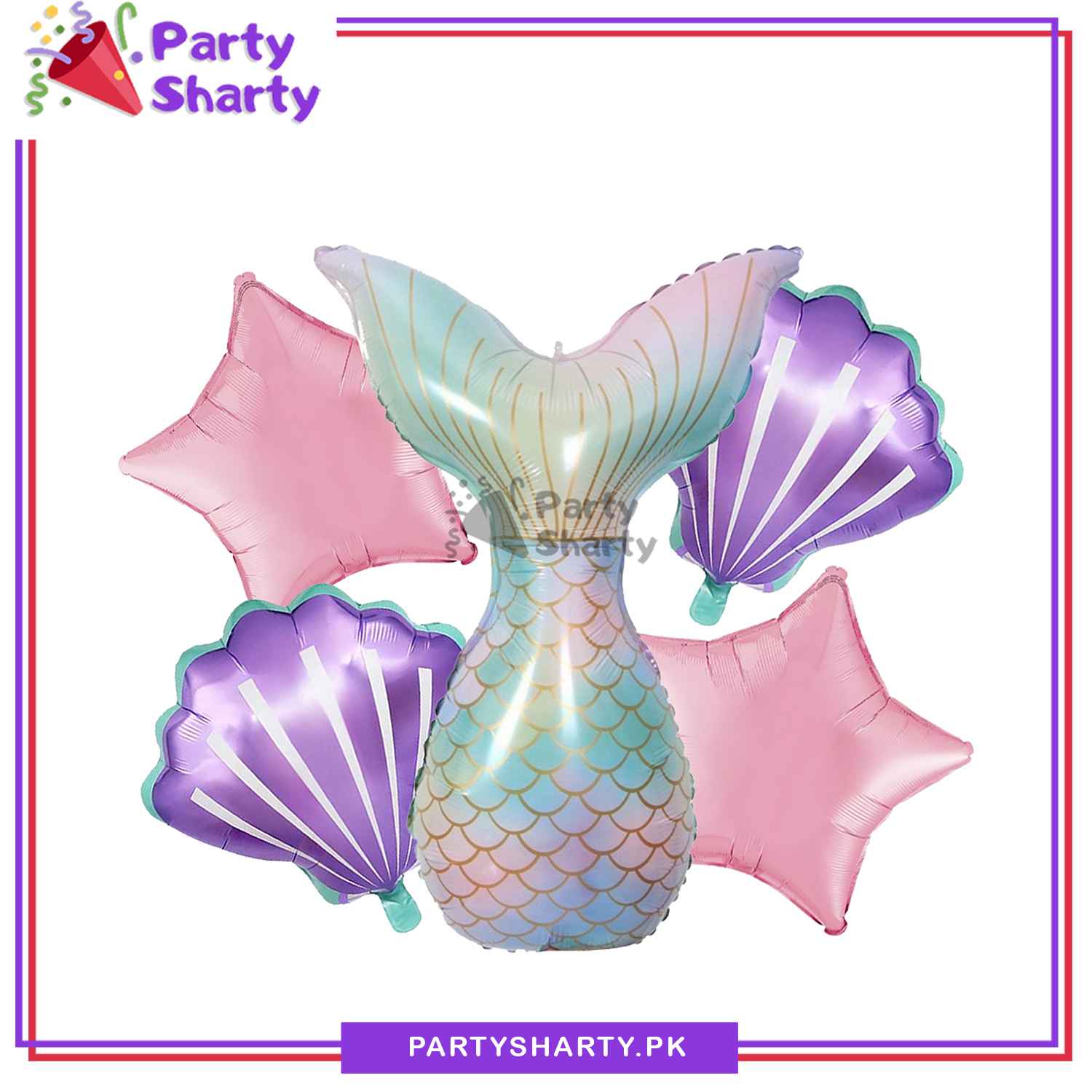D-1 Mermaid Theme Tail Foil Balloon Set - 5 Pieces For Mermaid & Under the Sea Theme Party and Decoration