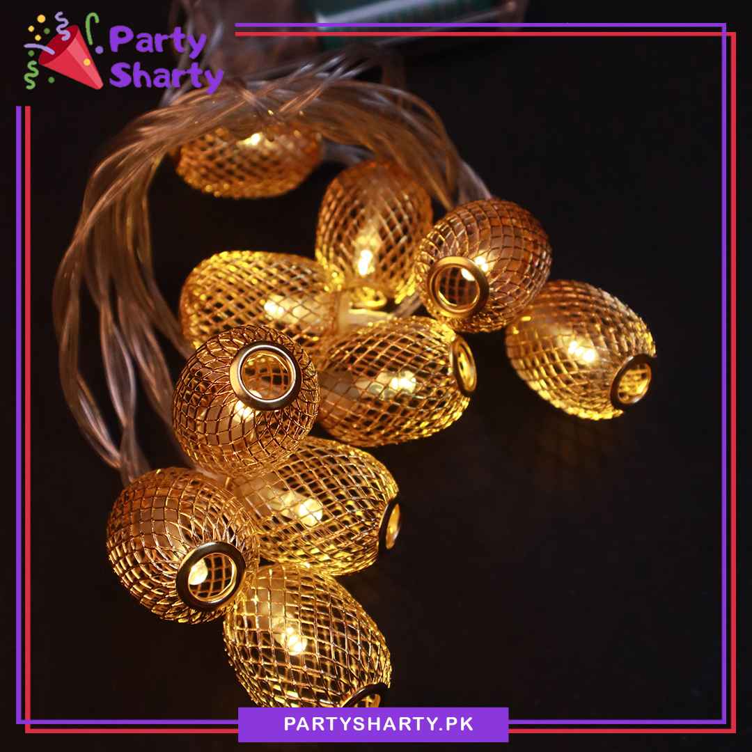 Metal Golden Moroccan Ball Fairy Light Battery Operated 10 Lantern String Light For Room and Party Decoration