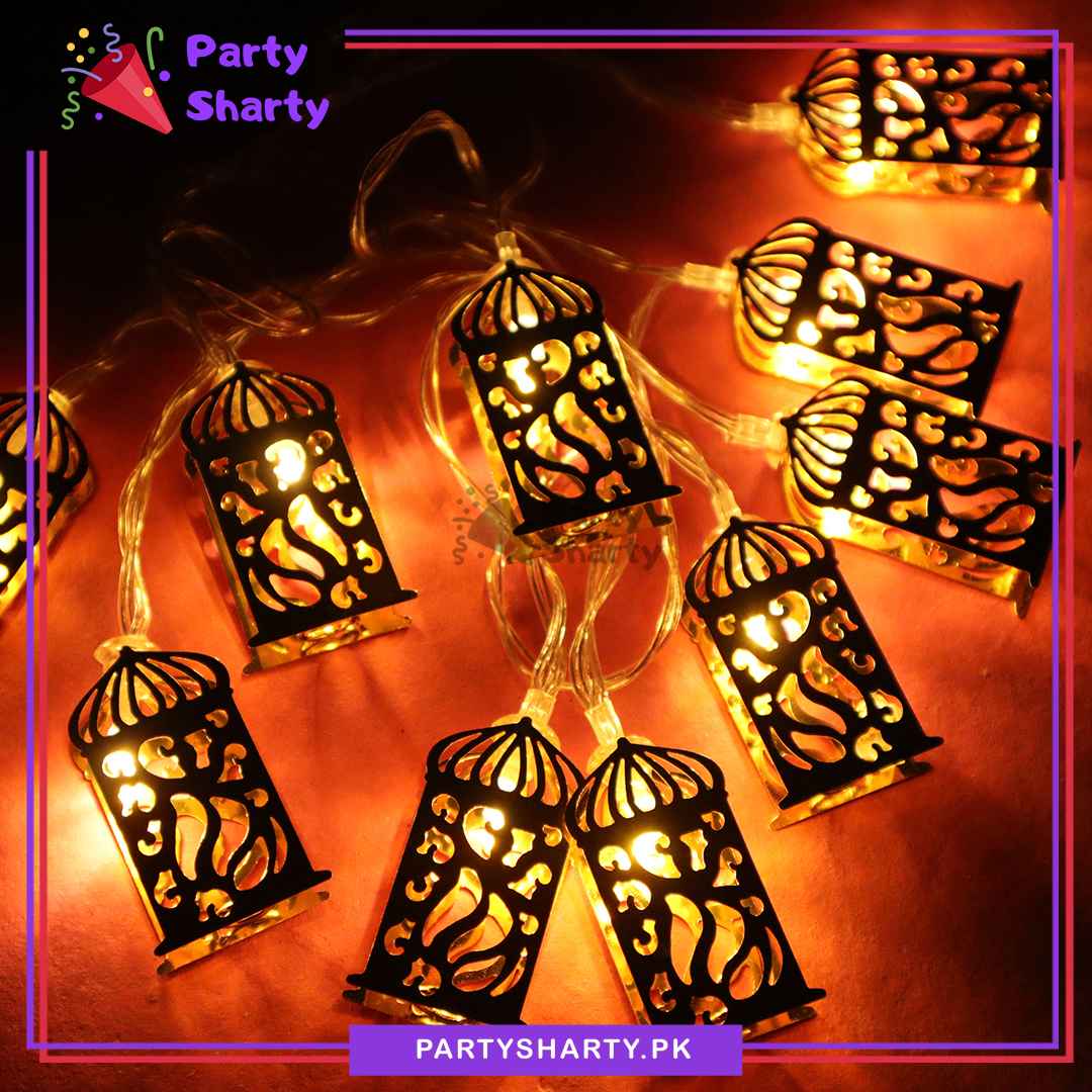 Metal Golden Ramadan Lantern Shaped Fairy Light Battery Operated 10 Lantern String Light For Room and Ramadan Corner