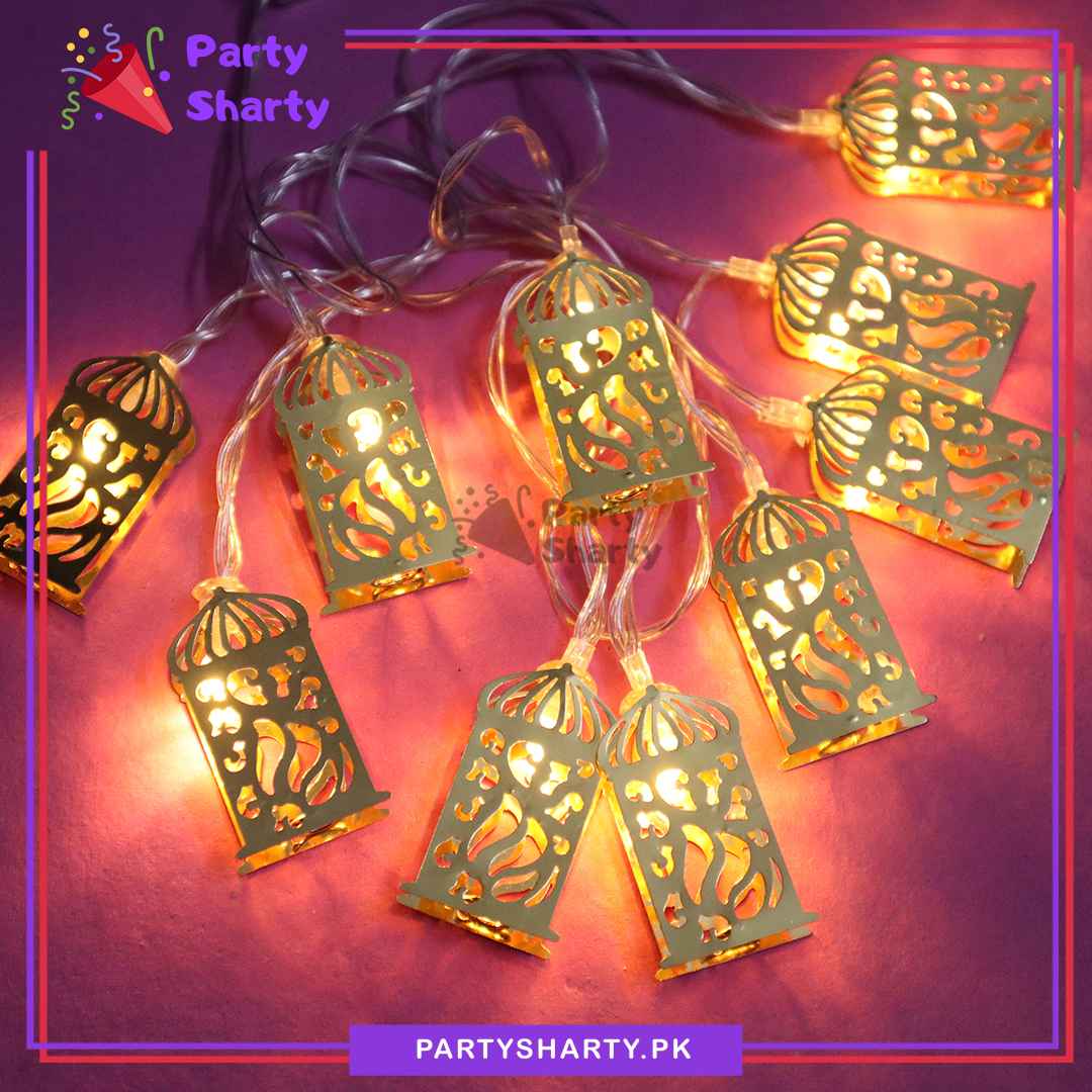 Metal Golden Ramadan Lantern Shaped Fairy Light Battery Operated 10 Lantern String Light For Room and Ramadan Corner