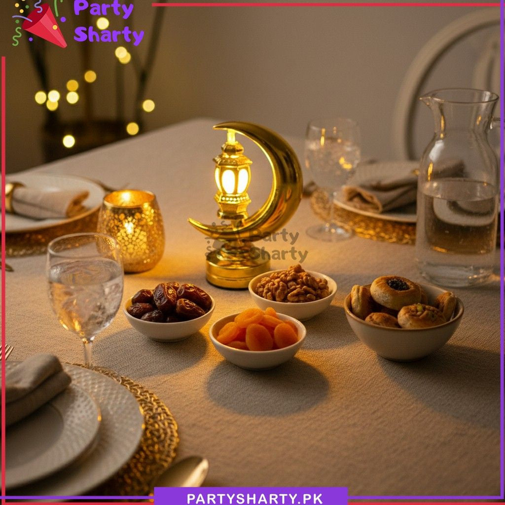 5x3 inches Mini Golden Glossy Plastic Moon With Lantern Lamp For Ramadan & Eid Decoration