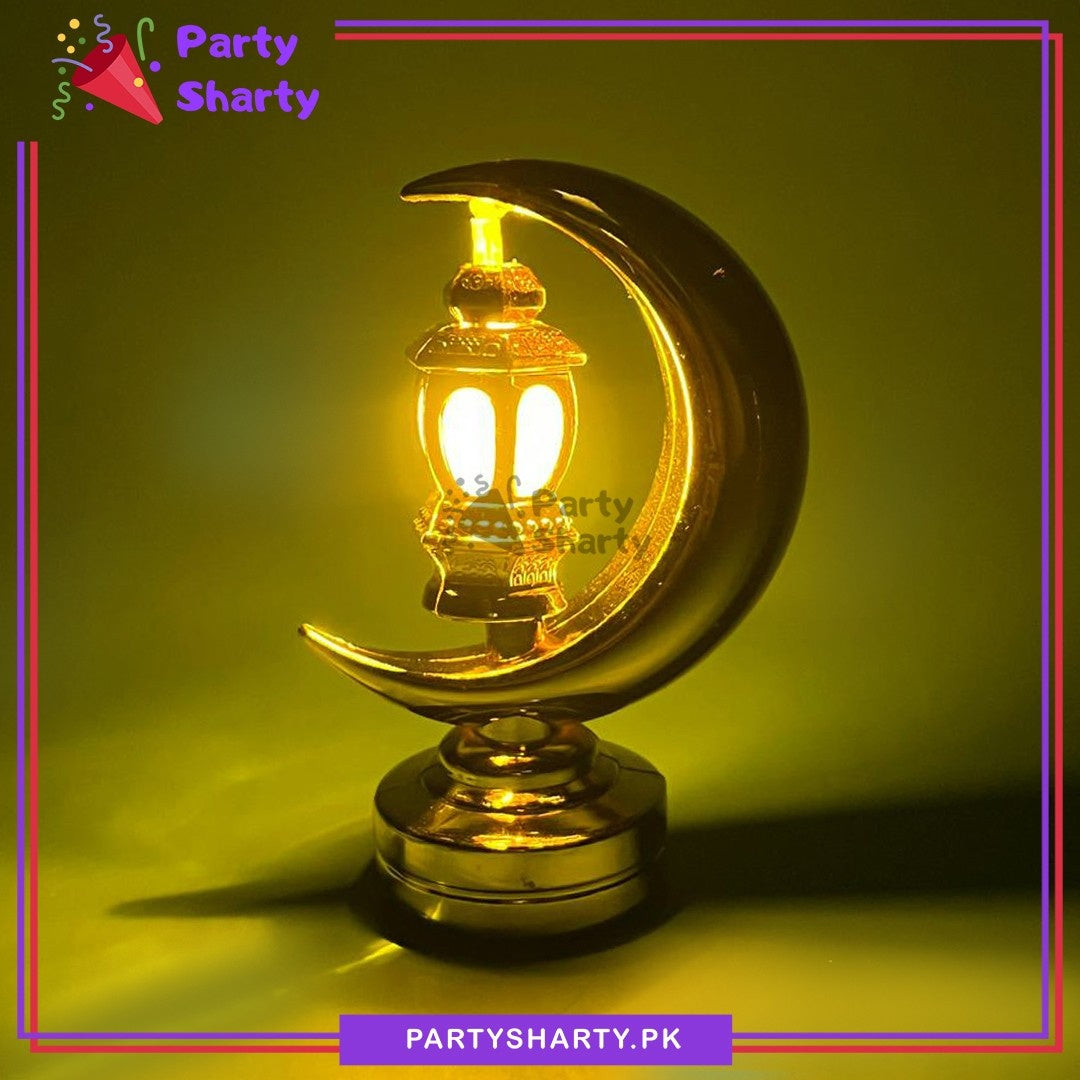 5x3 inches Mini Golden Glossy Plastic Moon With Lantern Lamp For Ramadan & Eid Decoration