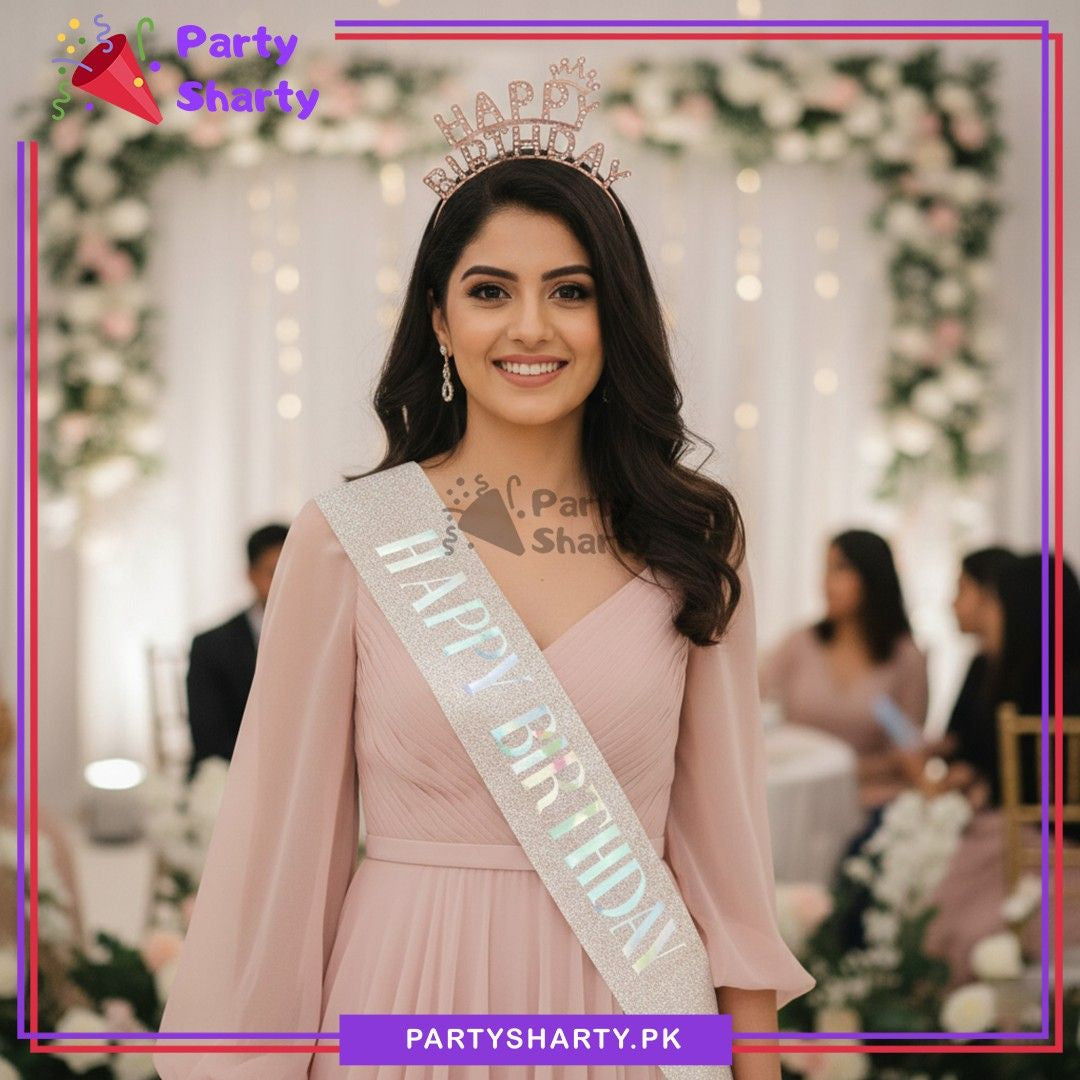 Mini Crown Birthday Girl Shiny Plastic Rhinestones Hairband With Sash for Birthday Event & Celebration