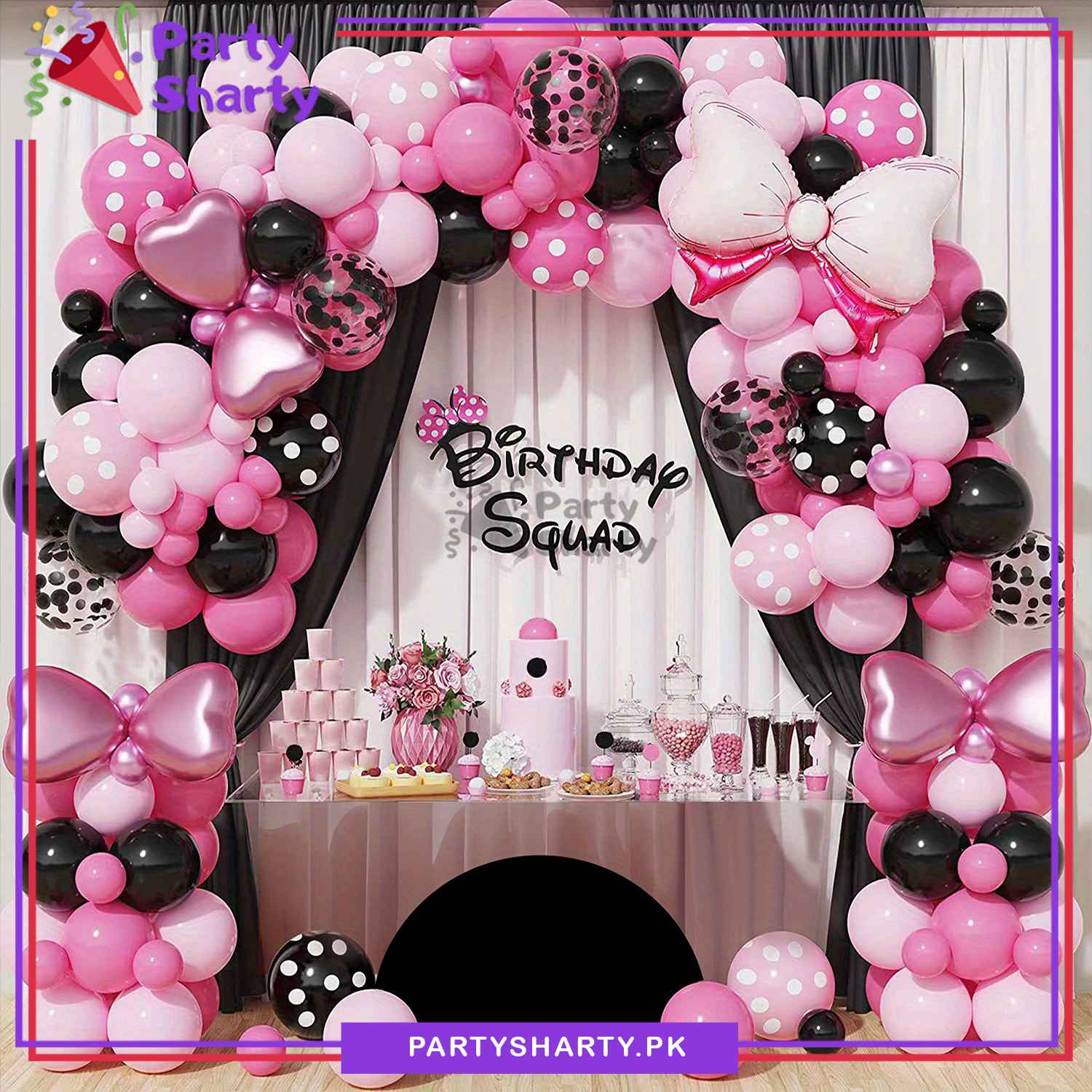 100pcs Pink & Black Color Minnie Mouse Theme Balloon Garland For Birthday Decoration and Party Celebrations