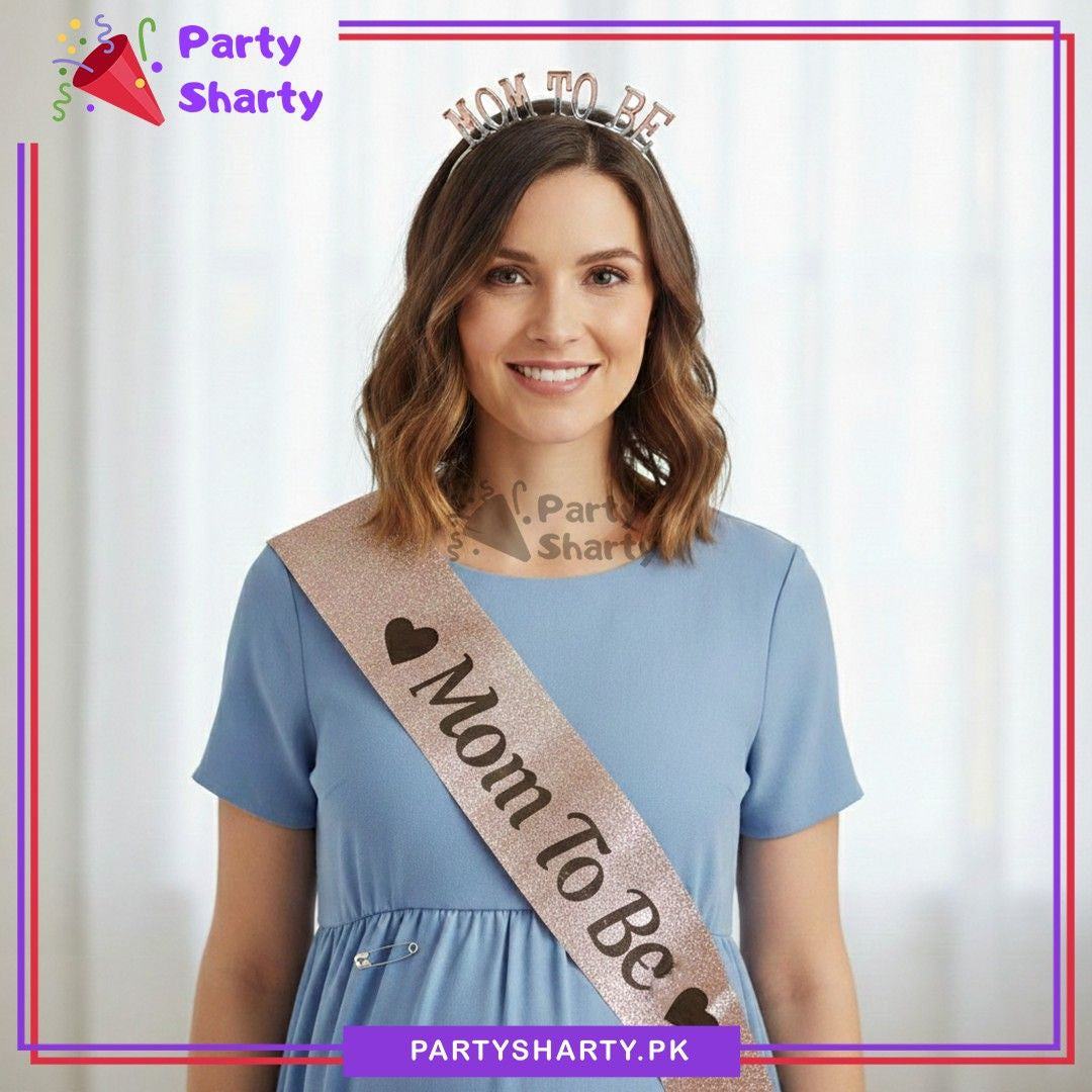 Mom To Be Shiny Plastic Hairband With Glitter Sash for Baby Shower Event & Celebration