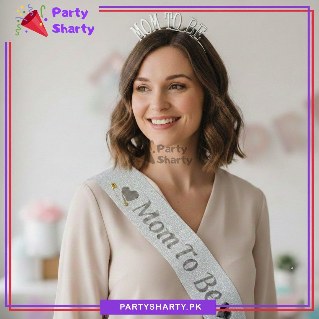 Mom To Be Shiny Plastic Hairband With Glitter Sash for Baby Shower Event & Celebration