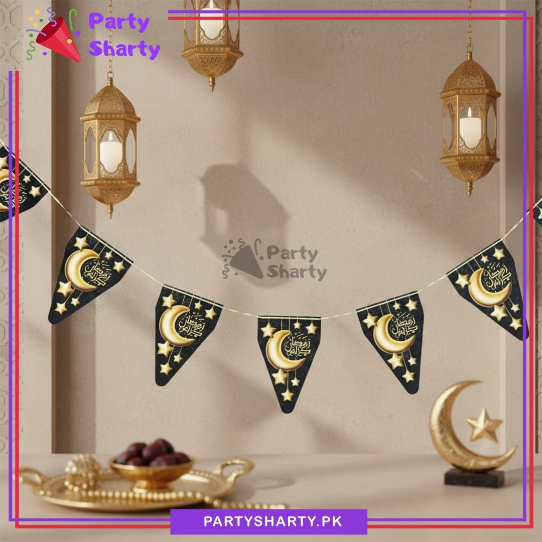 Crescent Moon & Star Printed Black & Gold Color Ramadan Kareem Flags Pack of 10 For Ramadan Decoration