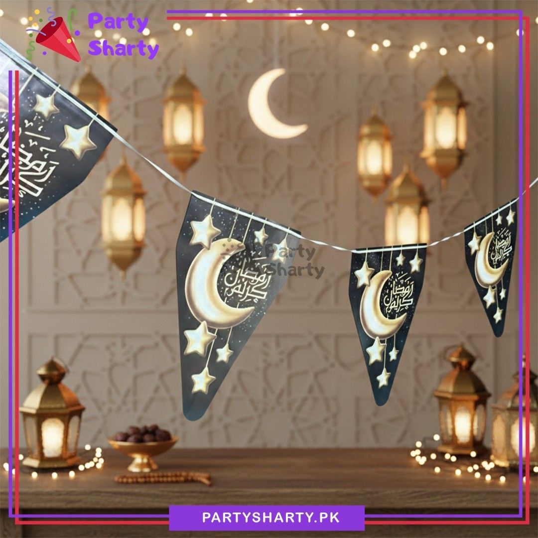 Crescent Moon & Star Printed Black & Gold Color Ramadan Kareem Flags Pack of 10 For Ramadan Decoration