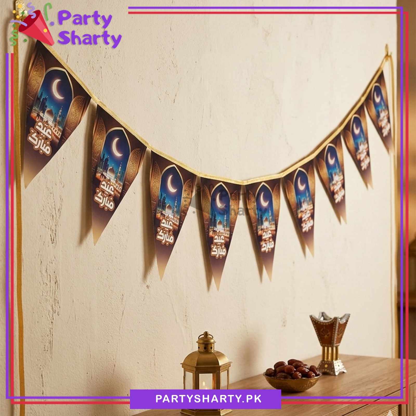 Brown Color Mosque Printed Eid Mubarak Party Flags Pack of 10 For Eid Milan Party Theme Decoration