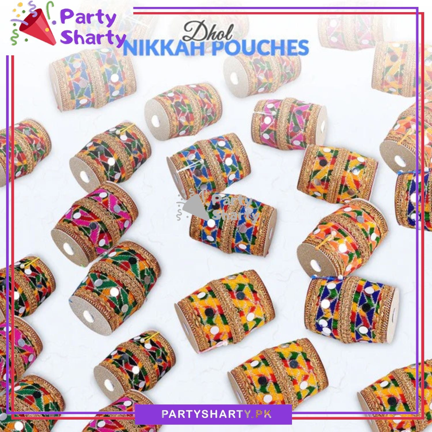 Multi Color Dhol Shaped Nikkah Pouches Pack of 6 For Nikkah, Mayun, Mehndi or Dholki Favor Gifts Bid Pouches