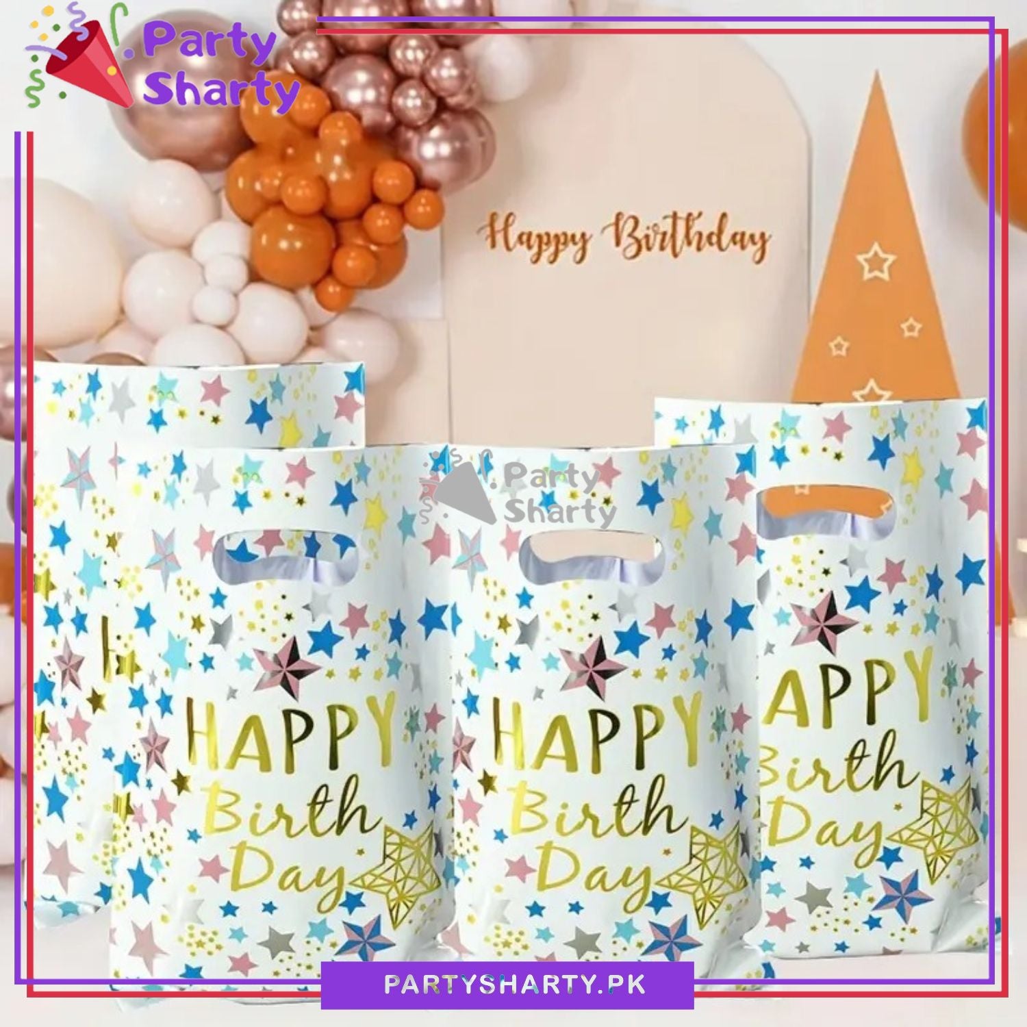 Multi Color Star & Happy Birthday Printed Theme Goody Bags for Birthday Party Decoration and Celebration