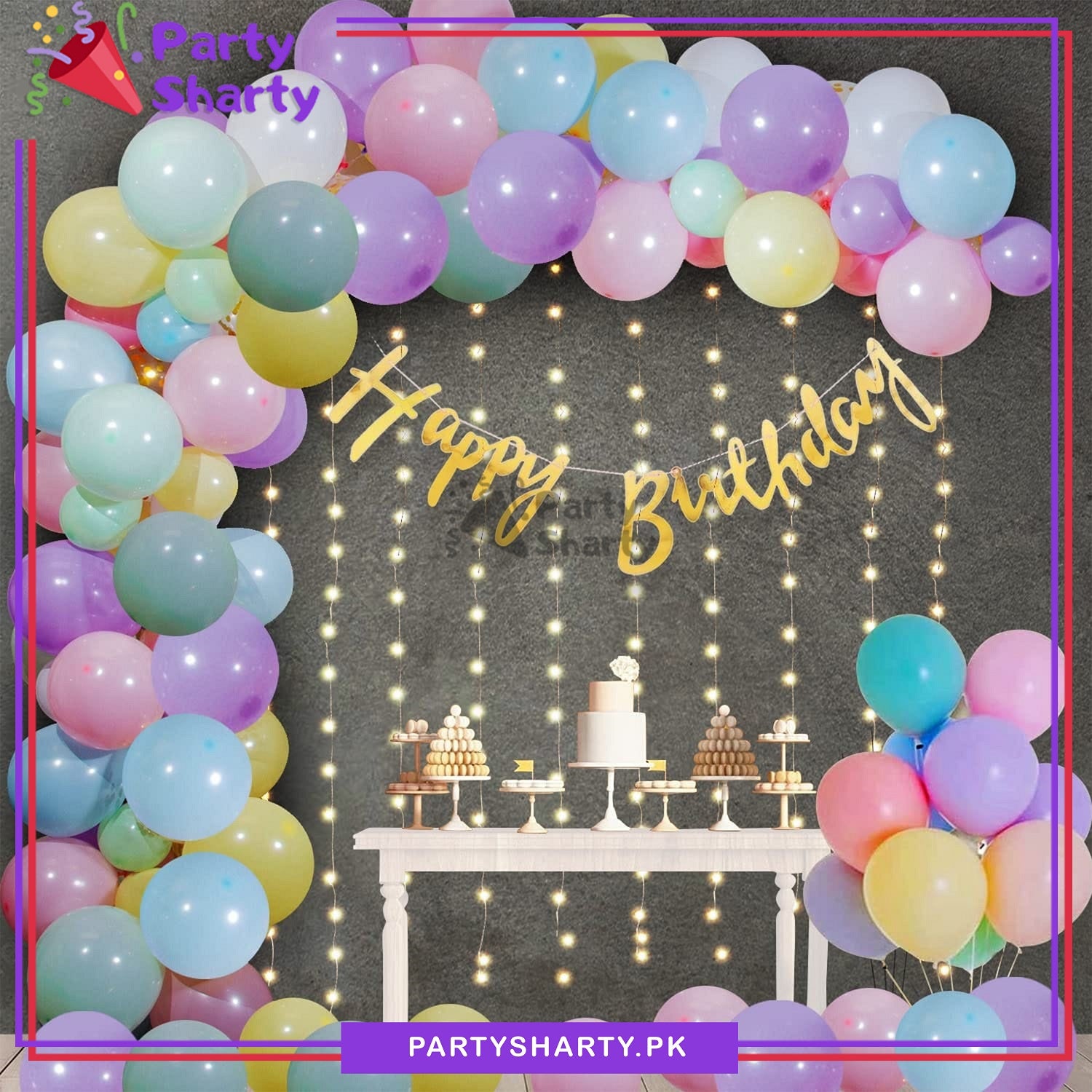 Happy Birthday Golden with Multi Color Balloon Garland Set For Party Event Decoration