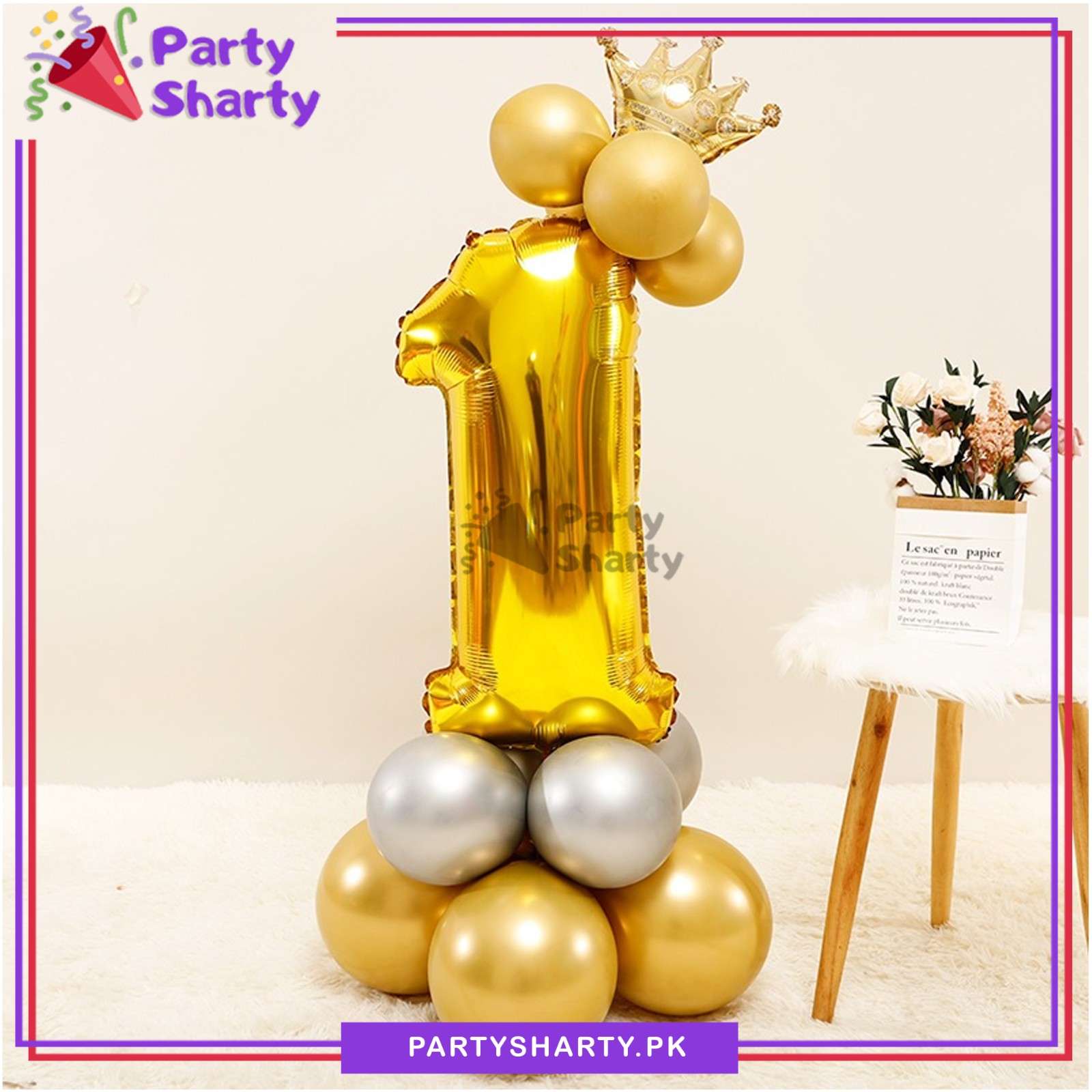 Number 1 Foil Balloon Set - Golden & Silver For First Birthday Decoration & Celebration