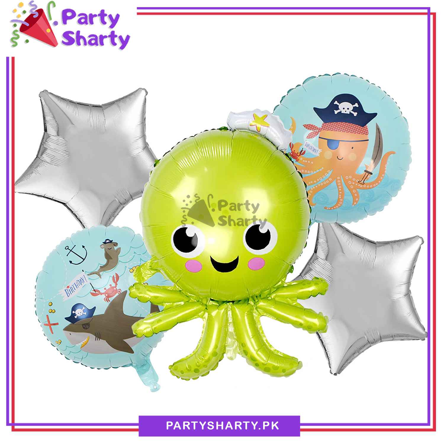 Green Octopus Shaped Foil Balloon set of 5 For Under The Sea Theme Birthday Decoration and Celebrations