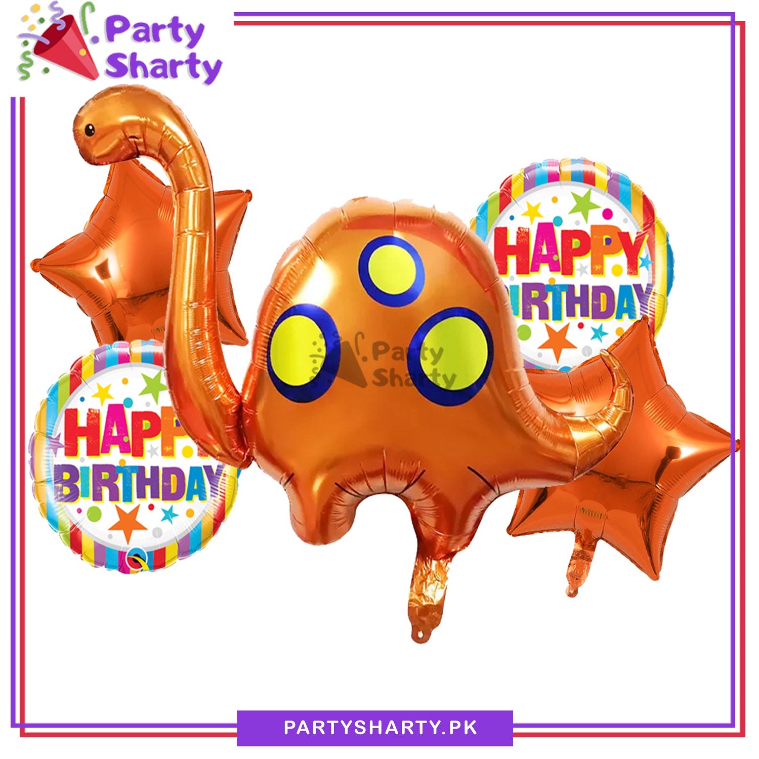 Orange Dragon / Dinosaur Theme Cartoon Foil Balloon Set - 5 Pieces For Birthday Party and Decoration