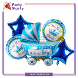 Baby Boy Stylish Cart Shaped Foil Balloon Set For Baby Shower, Welcome Baby Decoration and Celebrations