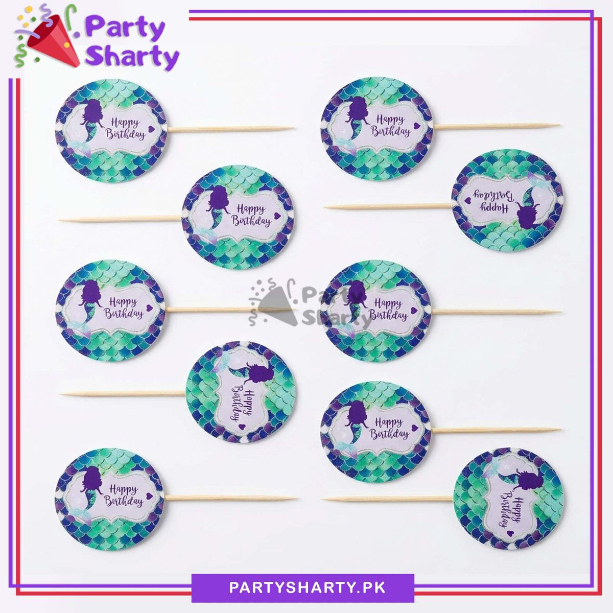 Mermaid Happy Birthday Round Cup Cake Topper For Theme Decoration & Celebration